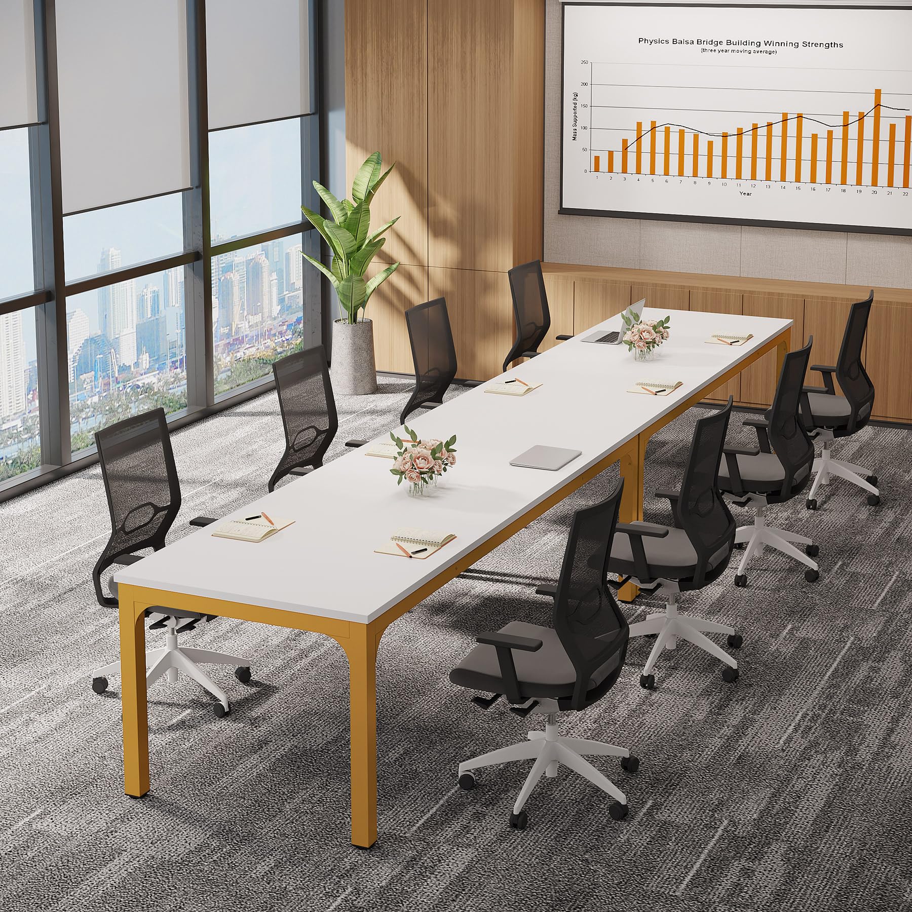 6.5 FT Conference Room Table, 78.74" W x 27.56" D Large Office Conference Table, Modern Seminar Meeting Table Desk for Boardroom, Meeting Room (1, White and Gold)