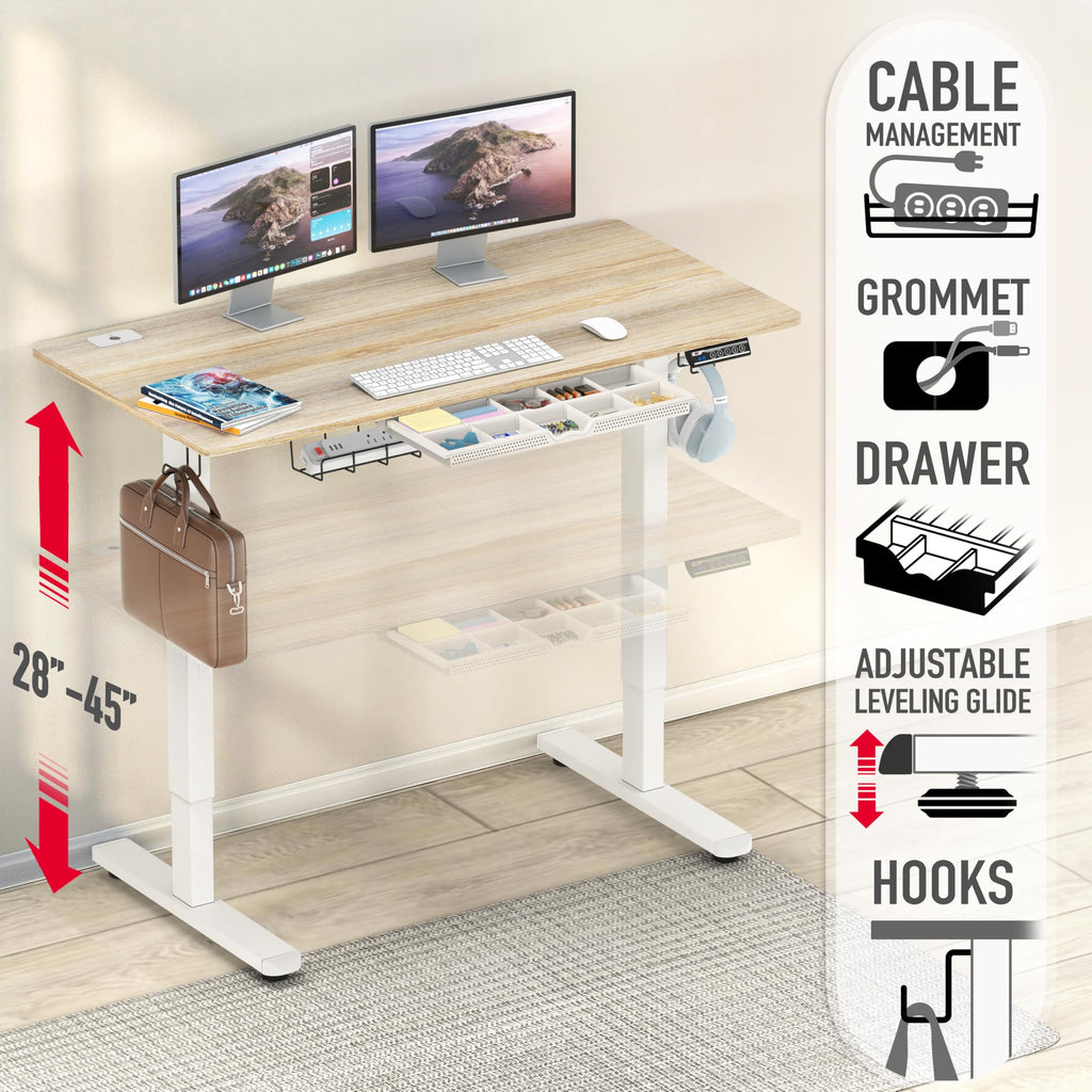 48-Inch Electric Height Adjustable Standing Desk with Drawer, Memory Preset and Cable Management Tray, Maple