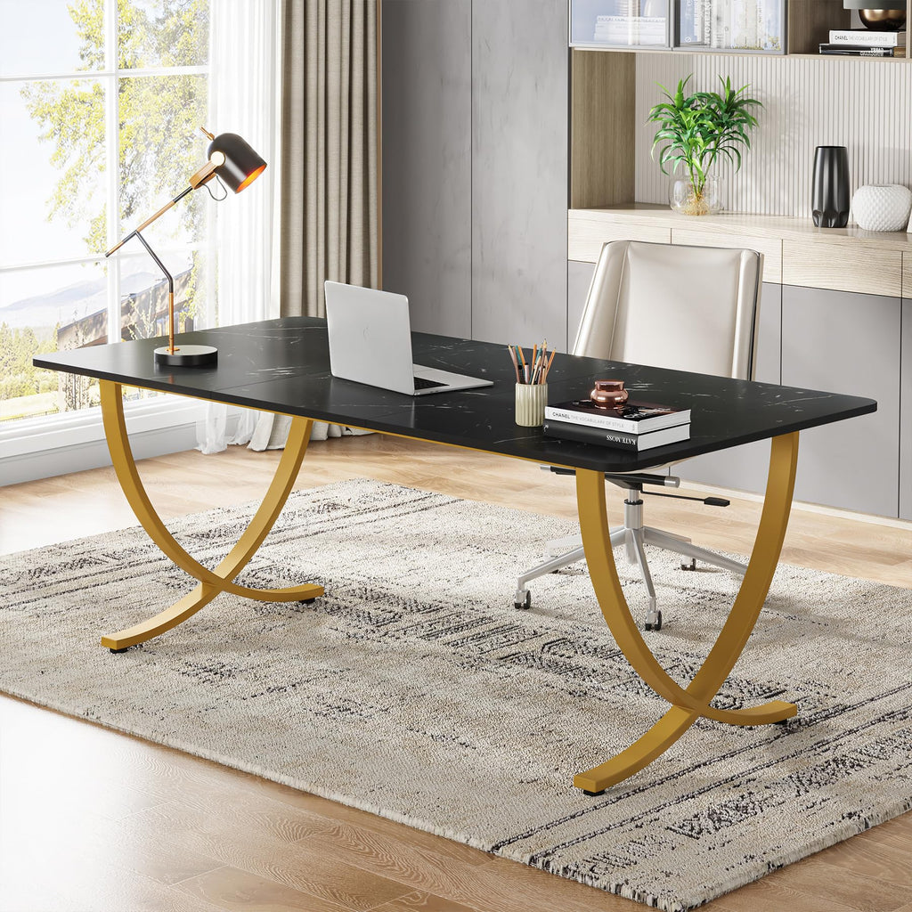 Executive Desk, 63” W x 31.5” D Large Office Desk, Modern Computer Desk Conference Table Meeting Room Table, Business Furniture for Home Office, Black and Gold