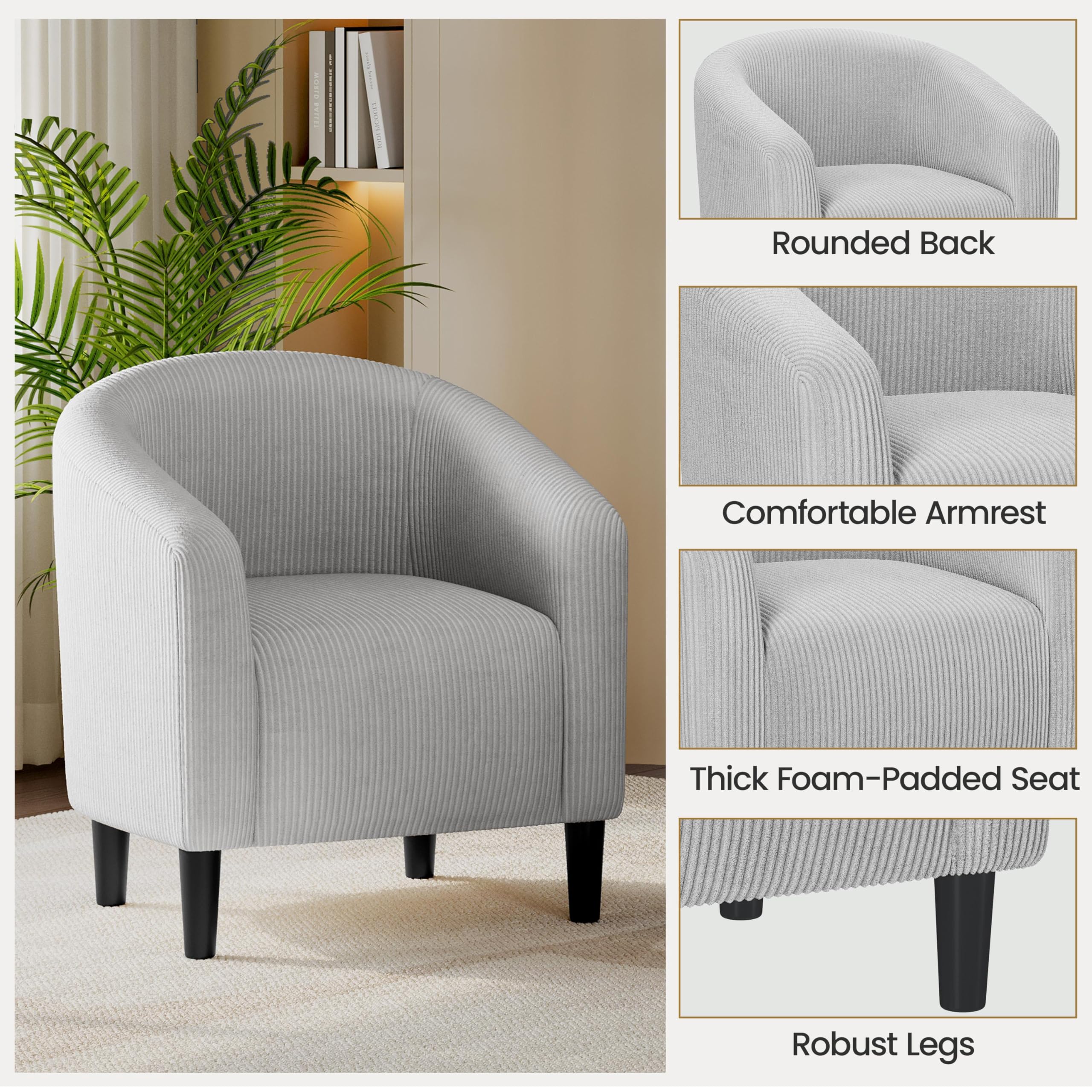 Accent Barrel Chair, Corduroy Fabric Club Chair, Furry Sherpa Elegant Armchair with Cozy Soft Padded for Living Room Bedroom Reception Room Office, Light Gray