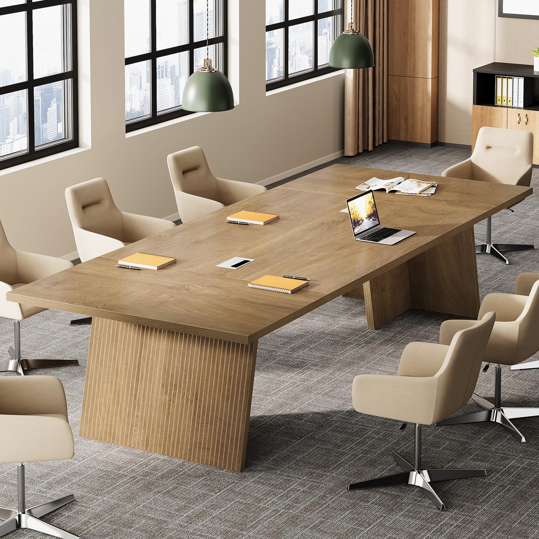 Conference Table, 8ft Conference Room Table for 10 People, Large Meeting Desk with Cable Grommet, Modern Boardroom Table for Office Conference (2, Brown)