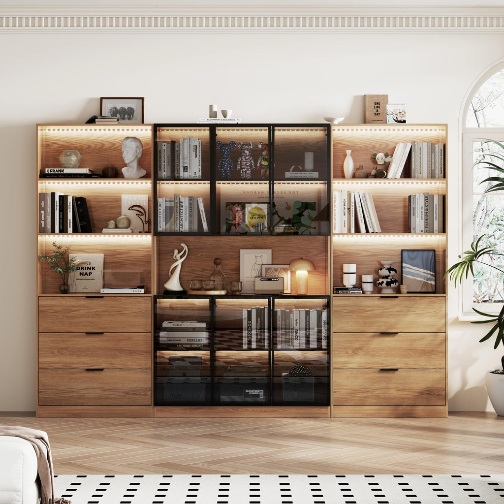 78.7" H Tall Bookcase Storage Cabinet with LED Lights and Drawers, 5 Tier Wood Storage Shelves with Glass Doors, Expandable Bookshelf Display Cabinet for Living Room, Home Office (A+C+A)