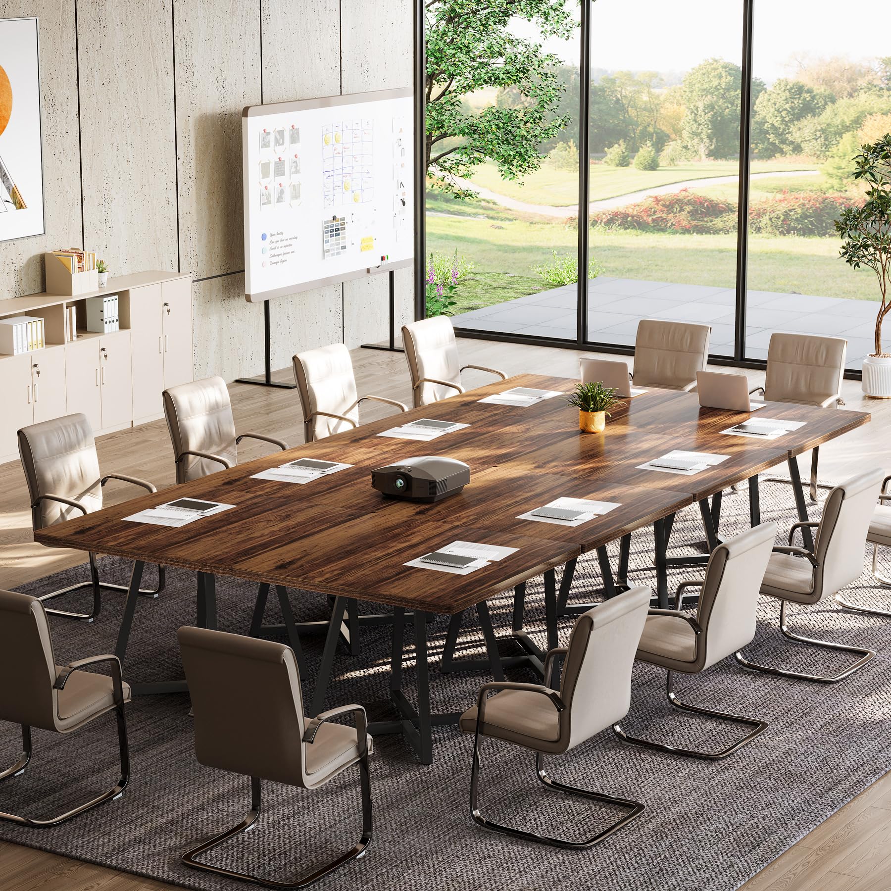 31.5" Square Conference Table Set of 4, 10 ft Industrial Office Meeting Table for 8-10 People, Business Podcast Furniture with Metal Base for Small Spaces, Office Conference, Brown