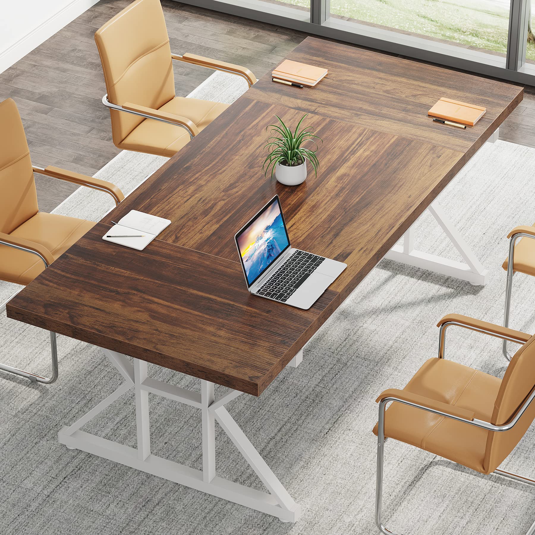 70.8-Inch Executive Desk, Large Computer Office Desk Workstation, Modern Simple Style Laptop Desk Study Writing Table Business Furniture for Home Office (Brown/White, 70.8 Inch)