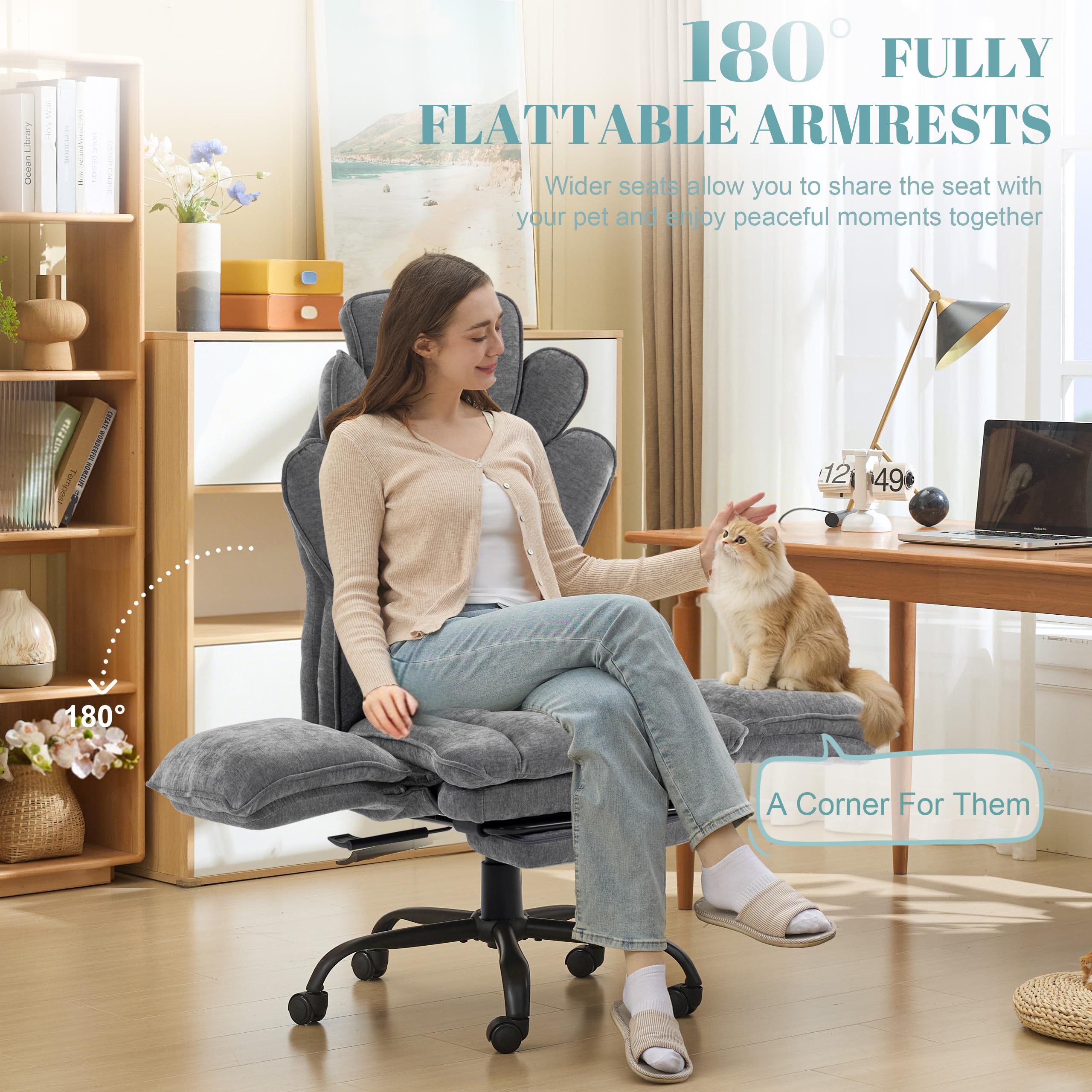 Flip Armrests Criss Cross Office Chair, Reclining Office Chair with Foot Rest, Adjustable Headrest, Massage Waist Pillow, Cross Legged Big and Tall Desk Chair Wide Seat Vanity Chair, Fabric Grey