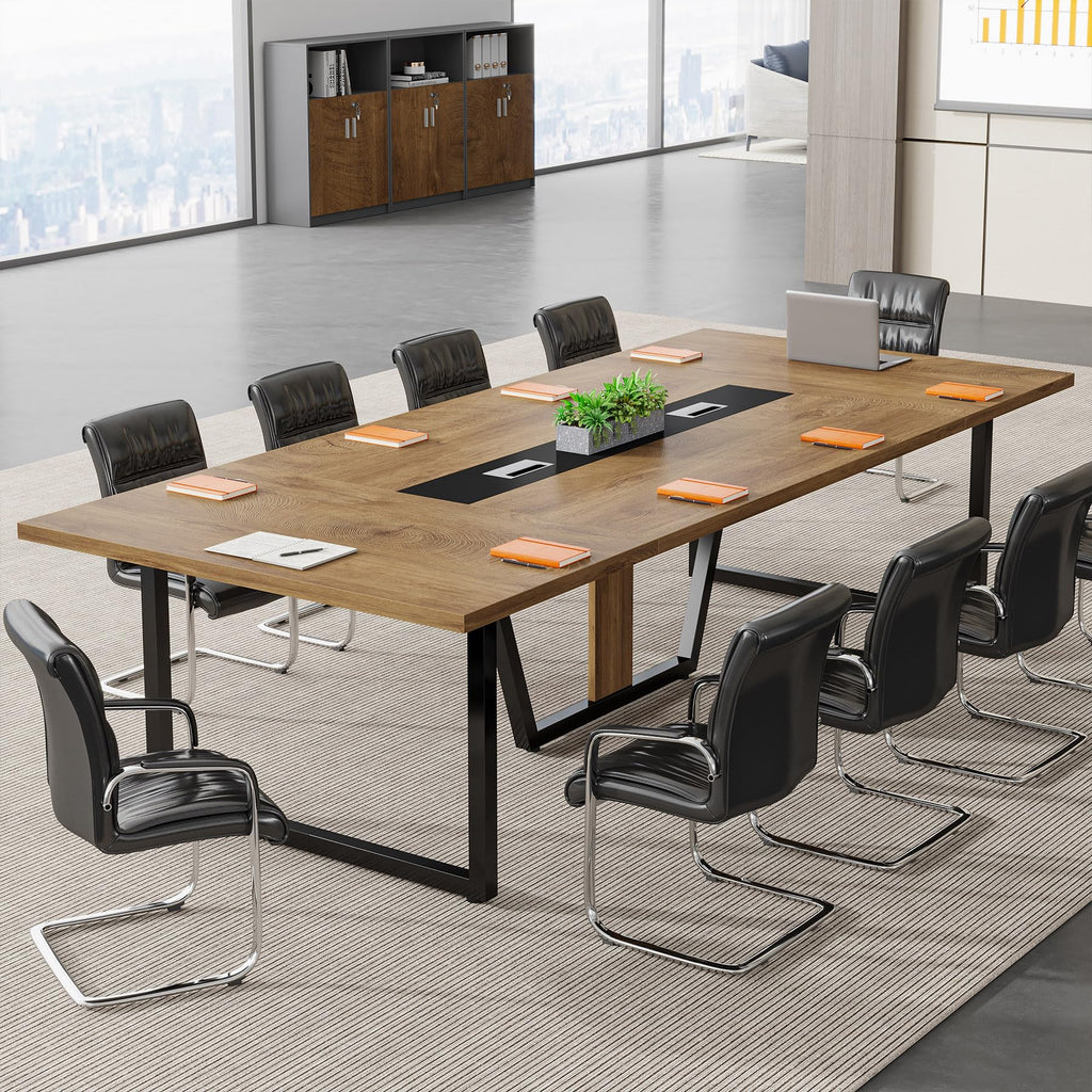 8FT Conference Table, 94.49 L x 47.24 W x 29.53 H Inches Large Meeting Podcast Table for 10 People, Business Style Wooden Training Table with Strong Metal Frame for Office Conference