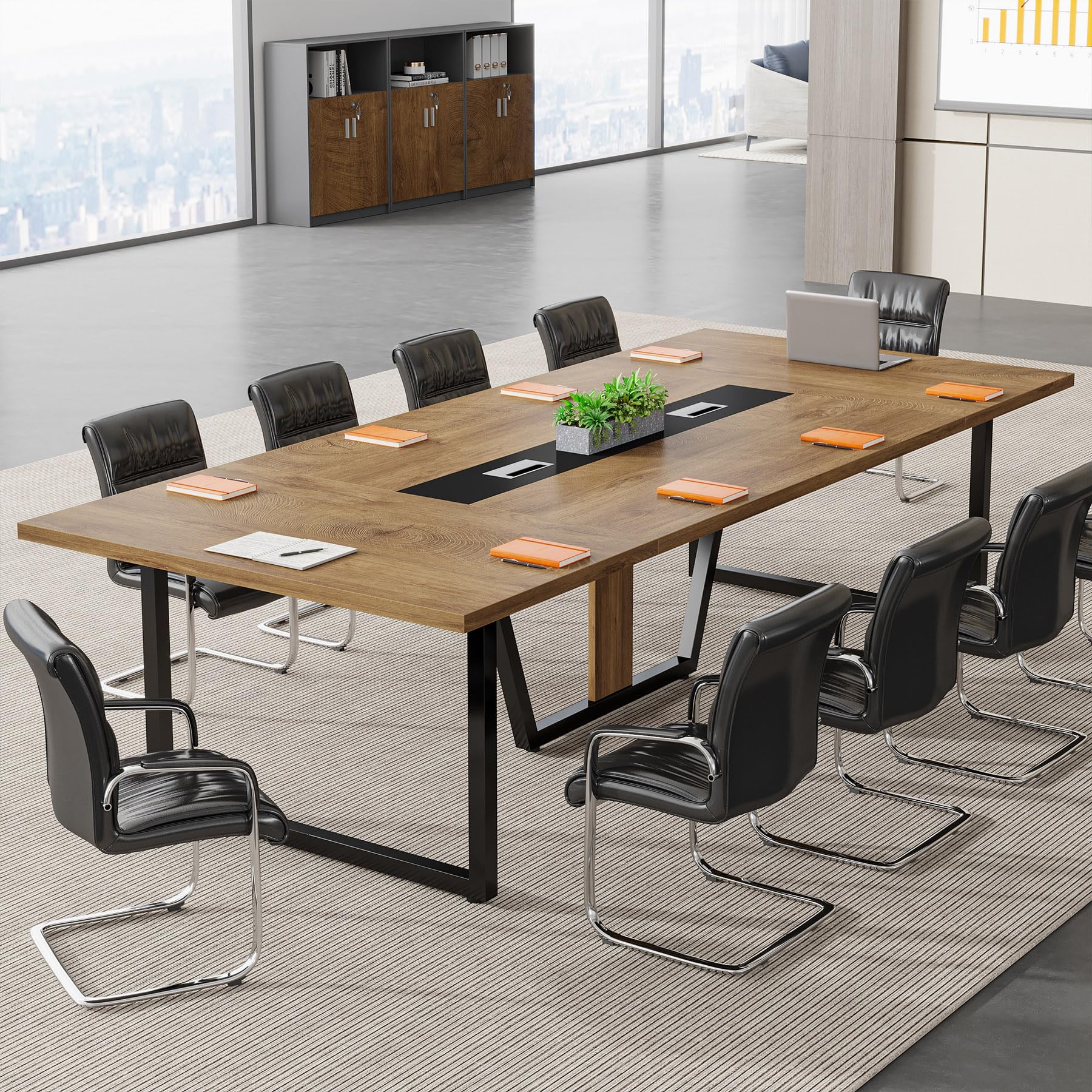 8FT Conference Table, 94.49 L x 47.24 W x 29.53 H Inches Large Meeting Podcast Table for 10 People, Business Style Wooden Training Table with Strong Metal Frame for Office Conference