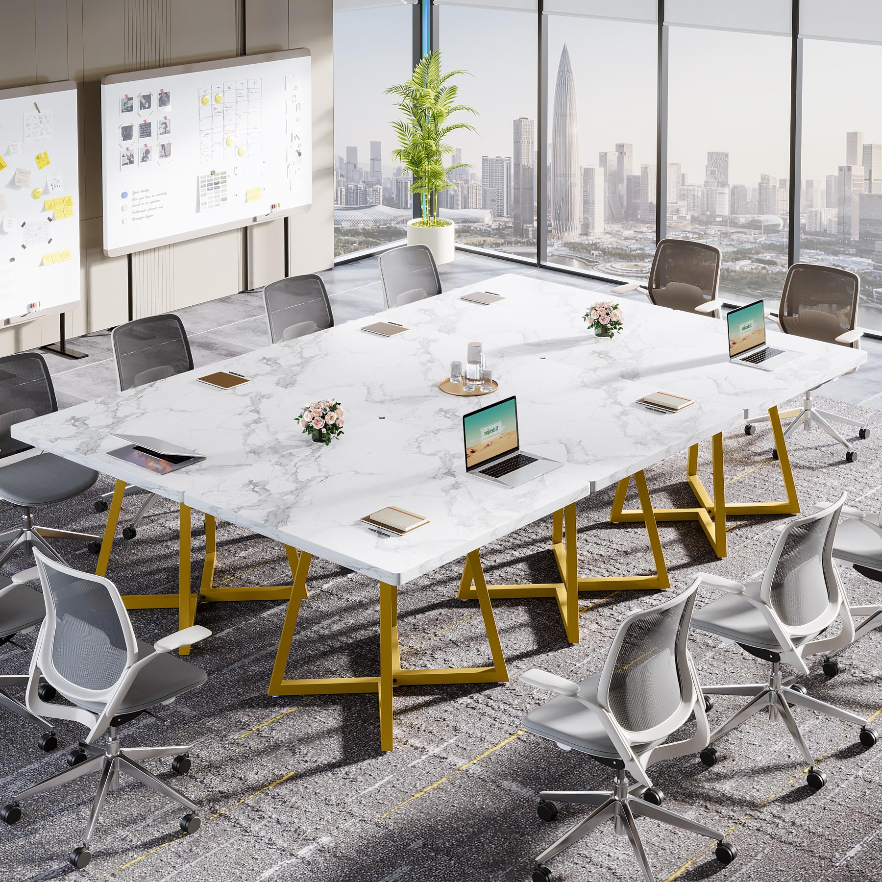 31.5" Square Conference Table Set of 2, 63" Industrial Office Meeting Table for 4-6 People, Business Podcast Furniture with Metal Base for Small Spaces, Office Conference, White & Gold
