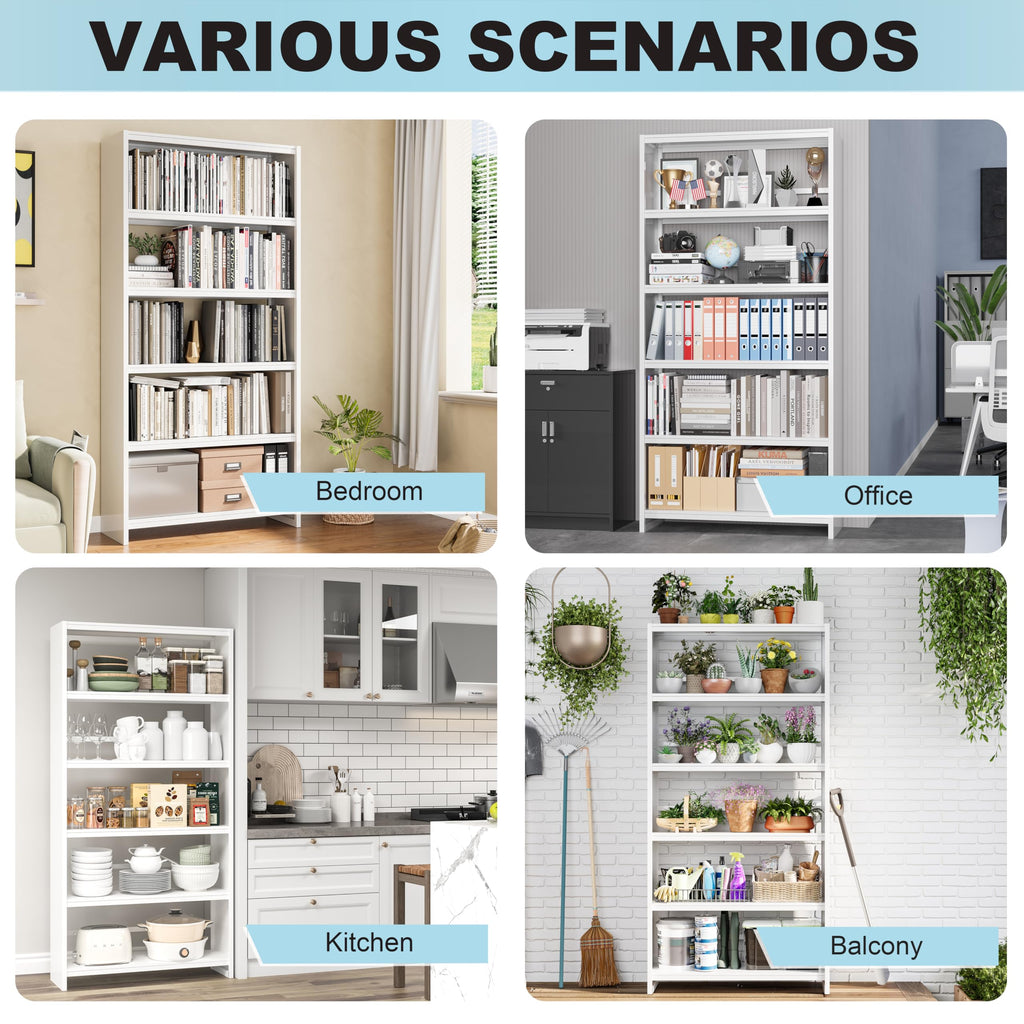 69" White Bookshelf, 5 Tier Tall Bookcase with Bookend, Large Metal Book Shelf Display Storage Shelves for Bedroom Living Room Office