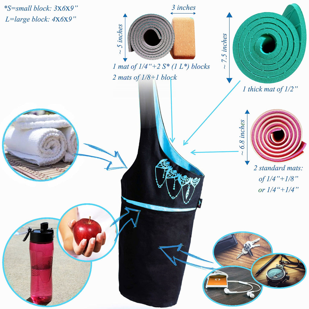 Yoga Mat Bag & Carrier with Pockets for Women, Black & Blue