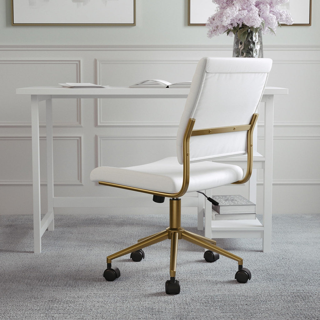 Armless Swivel Task Chair for Home Office in White Faux Leather with Polished Brass Frame