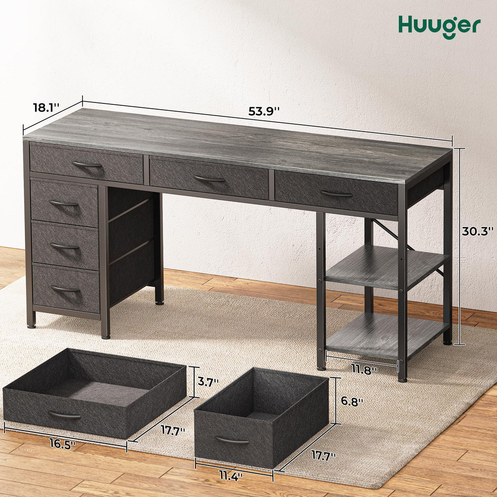 Computer Desk with 6 Drawers, Office Desk with Shelves, Reversible Gaming Desk, Corner Desk with Storage, Work for Home Office, Study, Living Room, 54inch, Grey