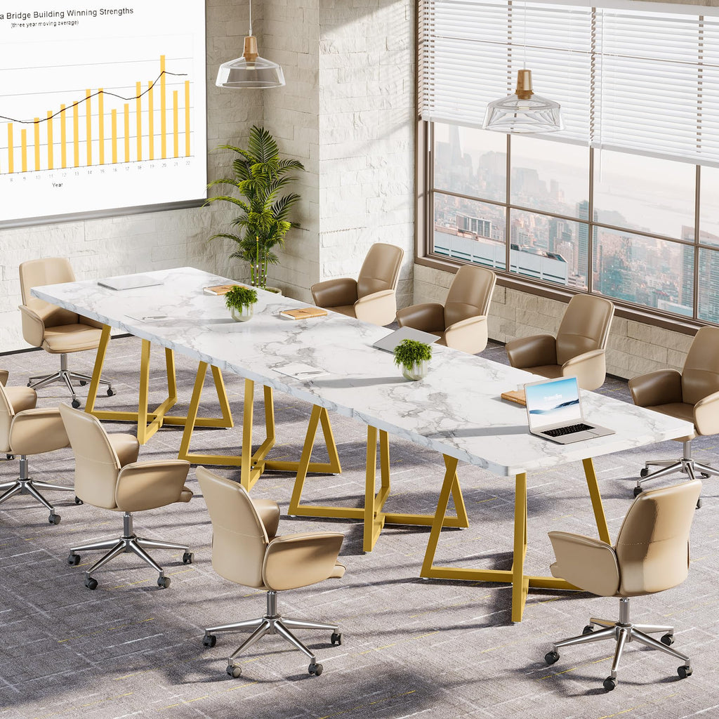 31.5" Square Conference Table Set of 2, 63" Industrial Office Meeting Table for 4-6 People, Business Podcast Furniture with Metal Base for Small Spaces, Office Conference, White & Gold