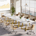31.5" Square Conference Table Set of 4, 10 ft Industrial Office Meeting Table for 8-10 People, Business Podcast Furniture with Metal Base for Small Spaces, Office Conference, White & Gold
