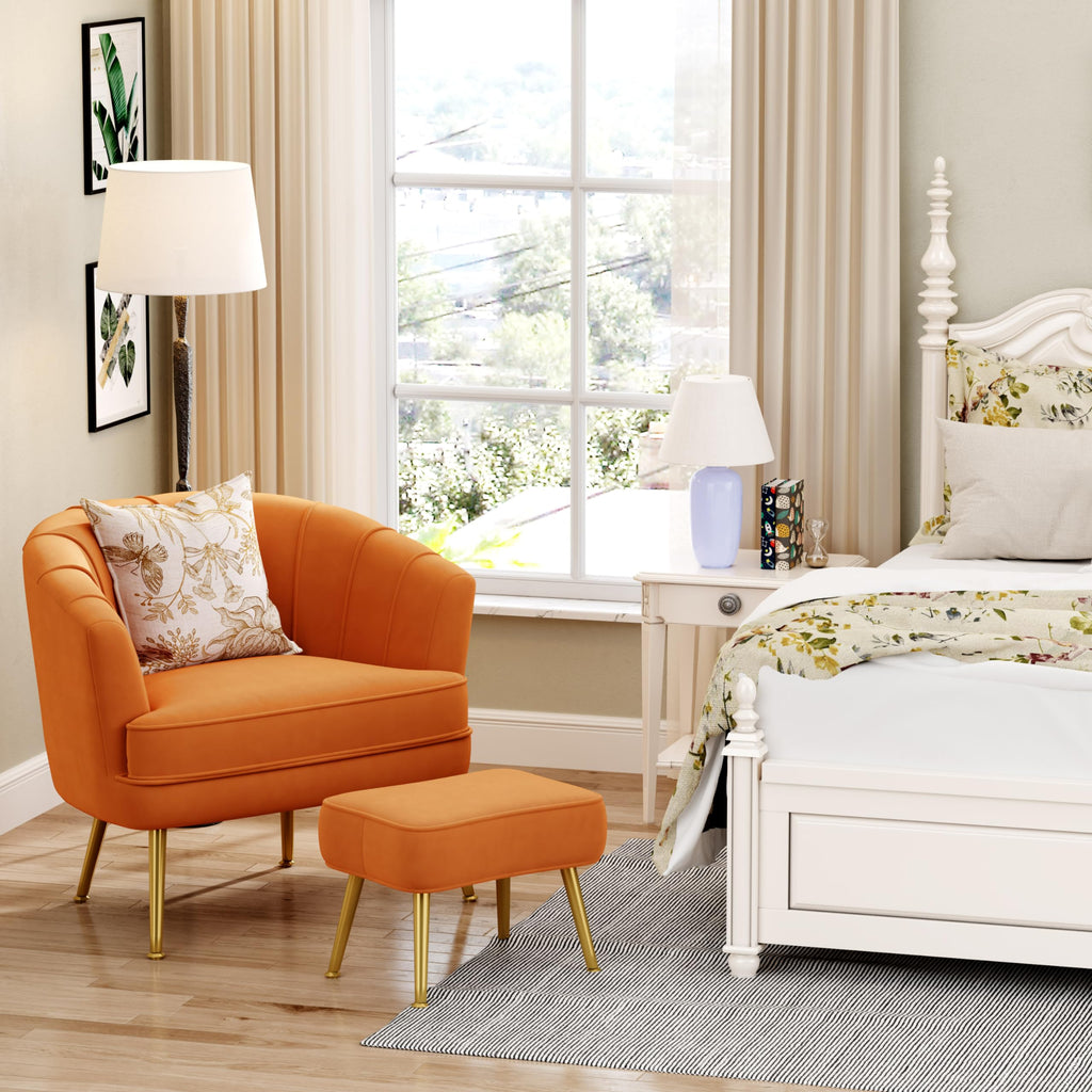 Velvet Accent Chair with Ottoman,Upholstered Modern Single Sofa Side Chair,Comfy Barrel Club Living Room Armchair with Golden Metal Legs for Office Bedroom Living Reading Room ,Caramel Orange