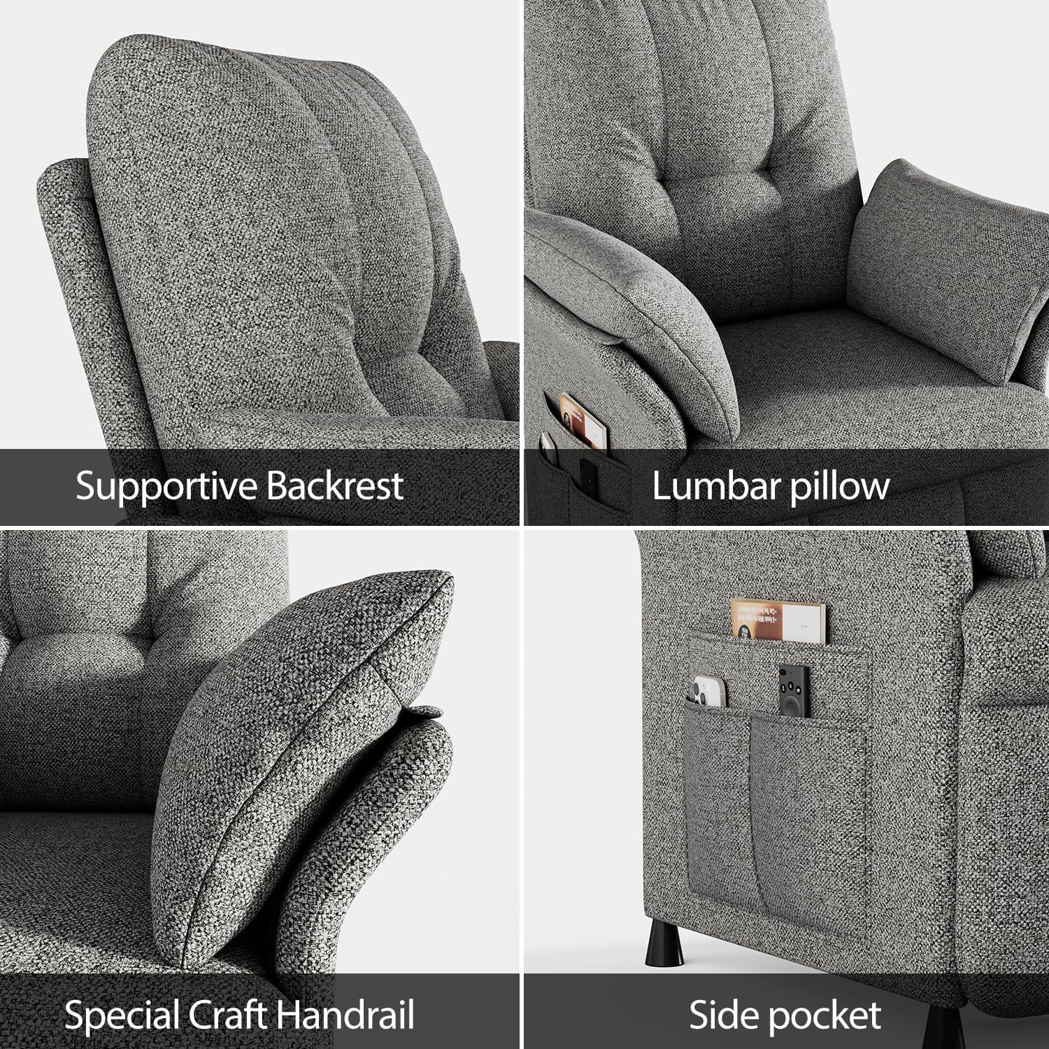 Power Recliner Chair for Adults with Heat & Massage - Linen Electric Reclining Sofa with Remote Control, 3 Side Pockets, 180° Lay Sleeper for Living Room Home Theater, Light Grey