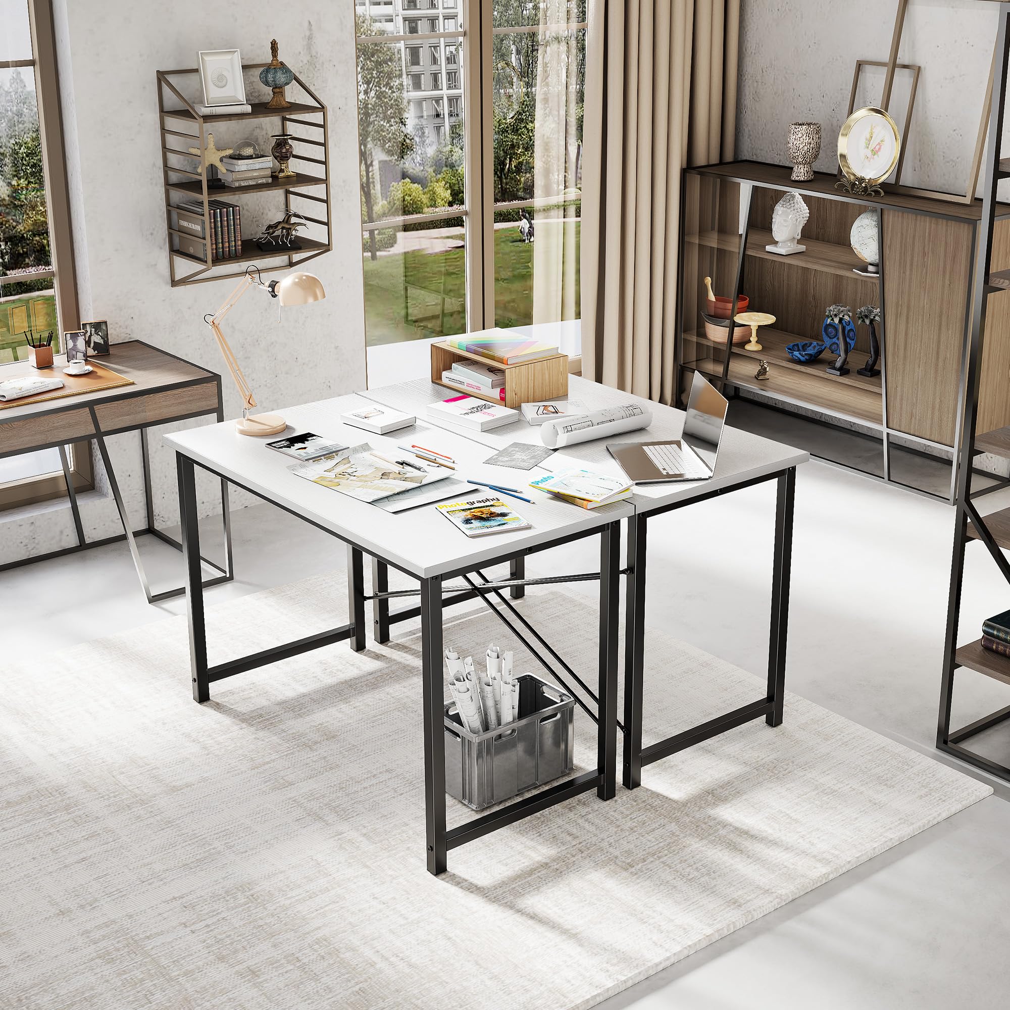 47 Inch Computer Desk for Home Office, Modern Study Work Table Simple Modern Style for Bedroom Small Space, Writing Desks with X-Shaped Reinforcement, Wood White
