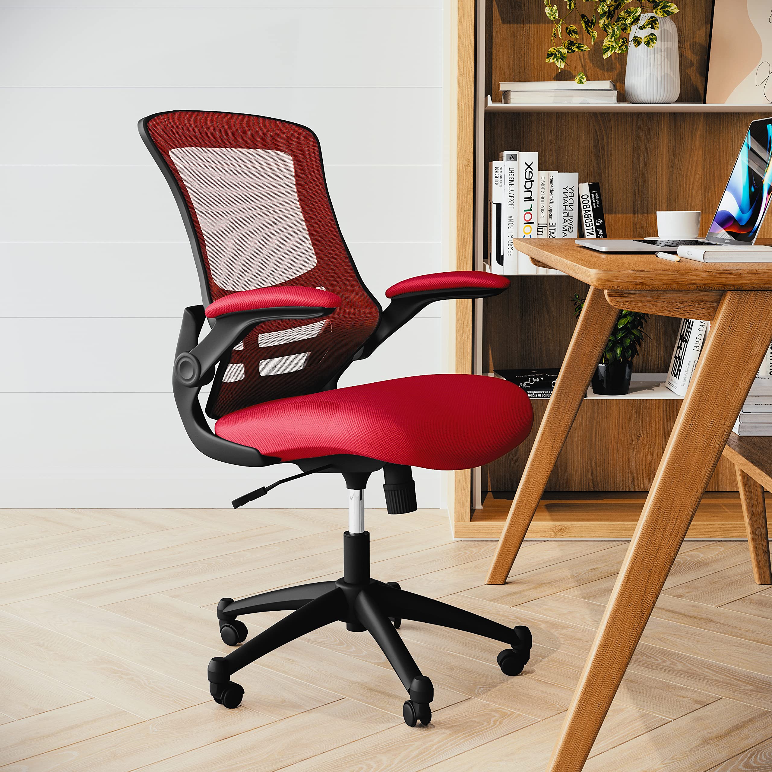 Mid-Back Red Mesh Swivel Ergonomic Task Office Chair with Flip-Up Arms