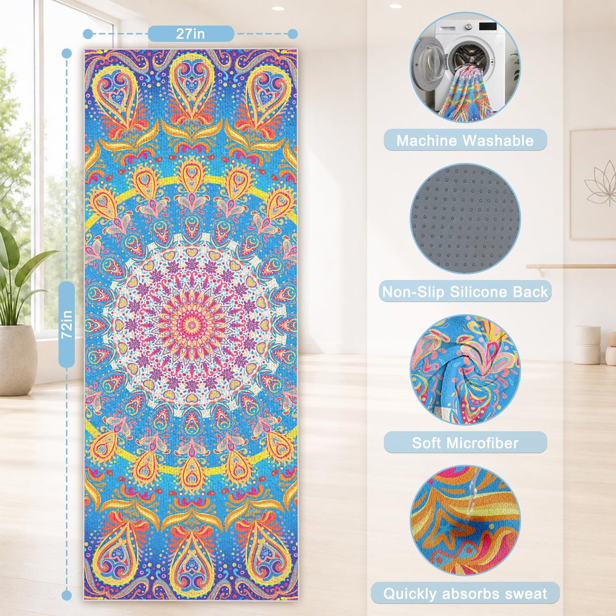 Yoga Towel,Absorbent Yoga Mat Towel for Hot Yoga Non Slip,Stylish Prints,Ideal for Workouts,Hot Yoga,Bikram,Pilates Equipment,72 x 27 in,Rainbow