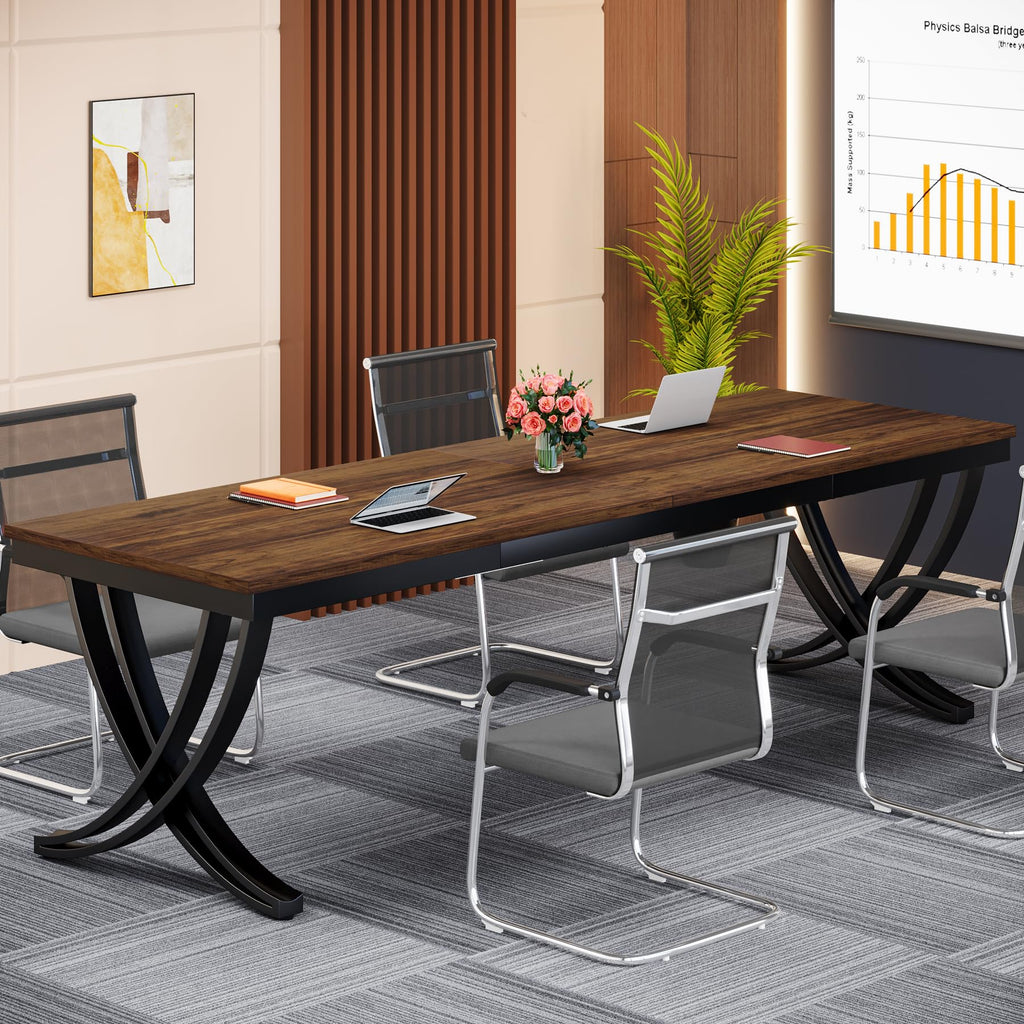 6.5FT Conference Table for 6-8 People, 78 inch Long Rectangular Seminar Table with Strong Metal Frame, Business Boardroom Desk for Office Meeting Conference Room (1PC, Brown)