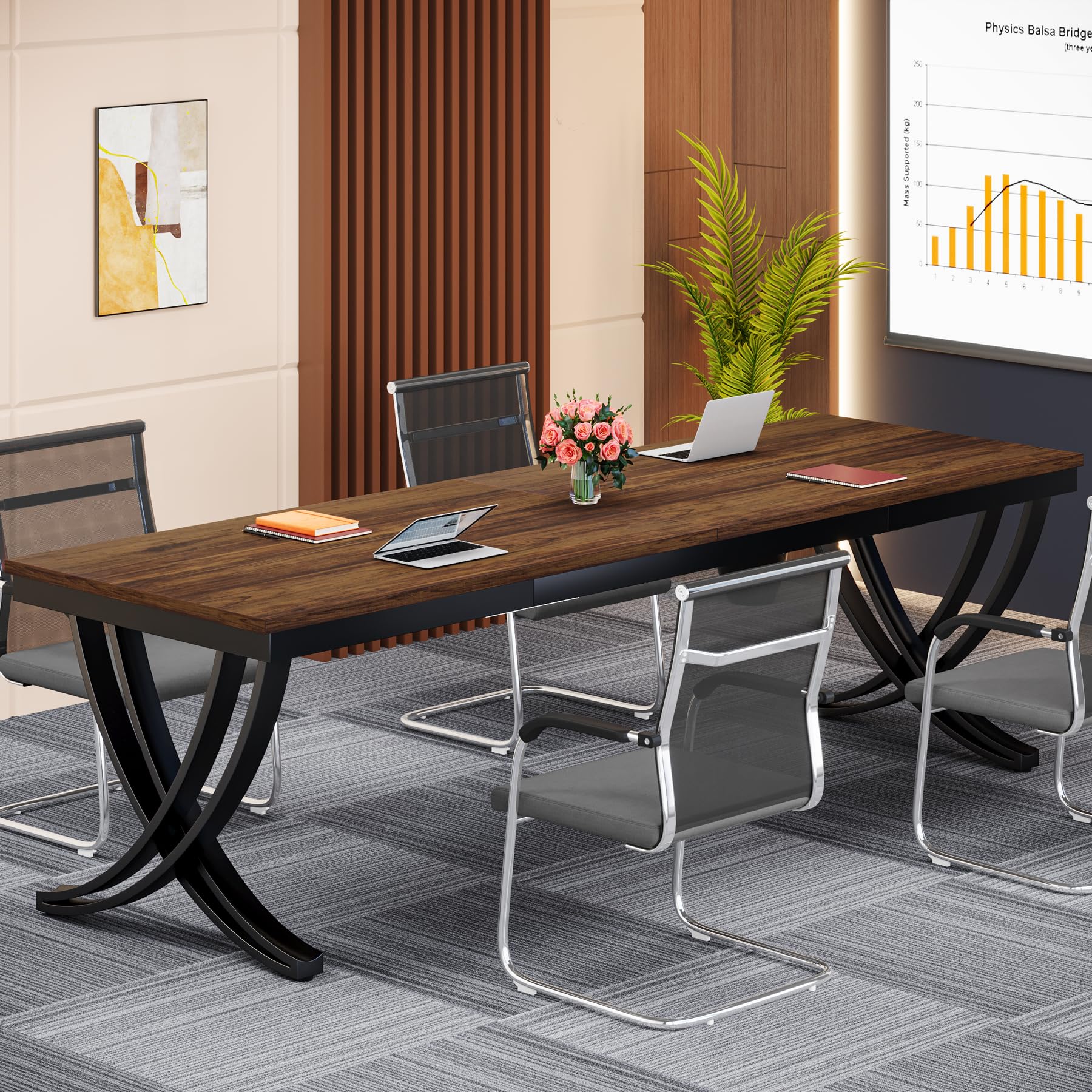 6.5FT Conference Table for 6-8 People, 78 inch Long Rectangular Seminar Table with Strong Metal Frame, Business Boardroom Desk for Office Meeting Conference Room (1PC, Brown)