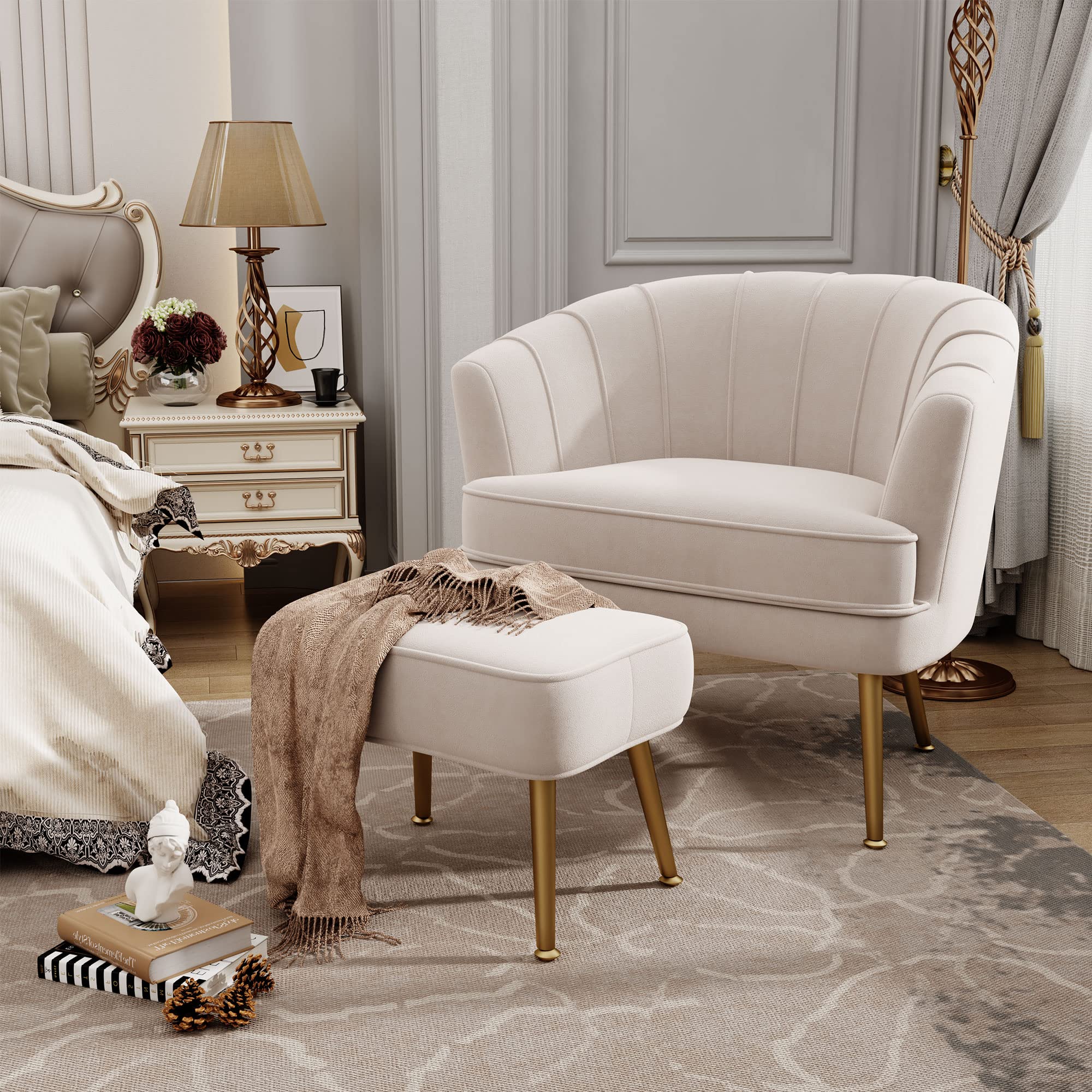 Velvet Accent Chair with Ottoman, Upholstered Modern Single Sofa Side Chair,Comfy Barrel Club Living Room Armchair with Golden Metal Legs for Office Bedroom Living Reading Room , Beige