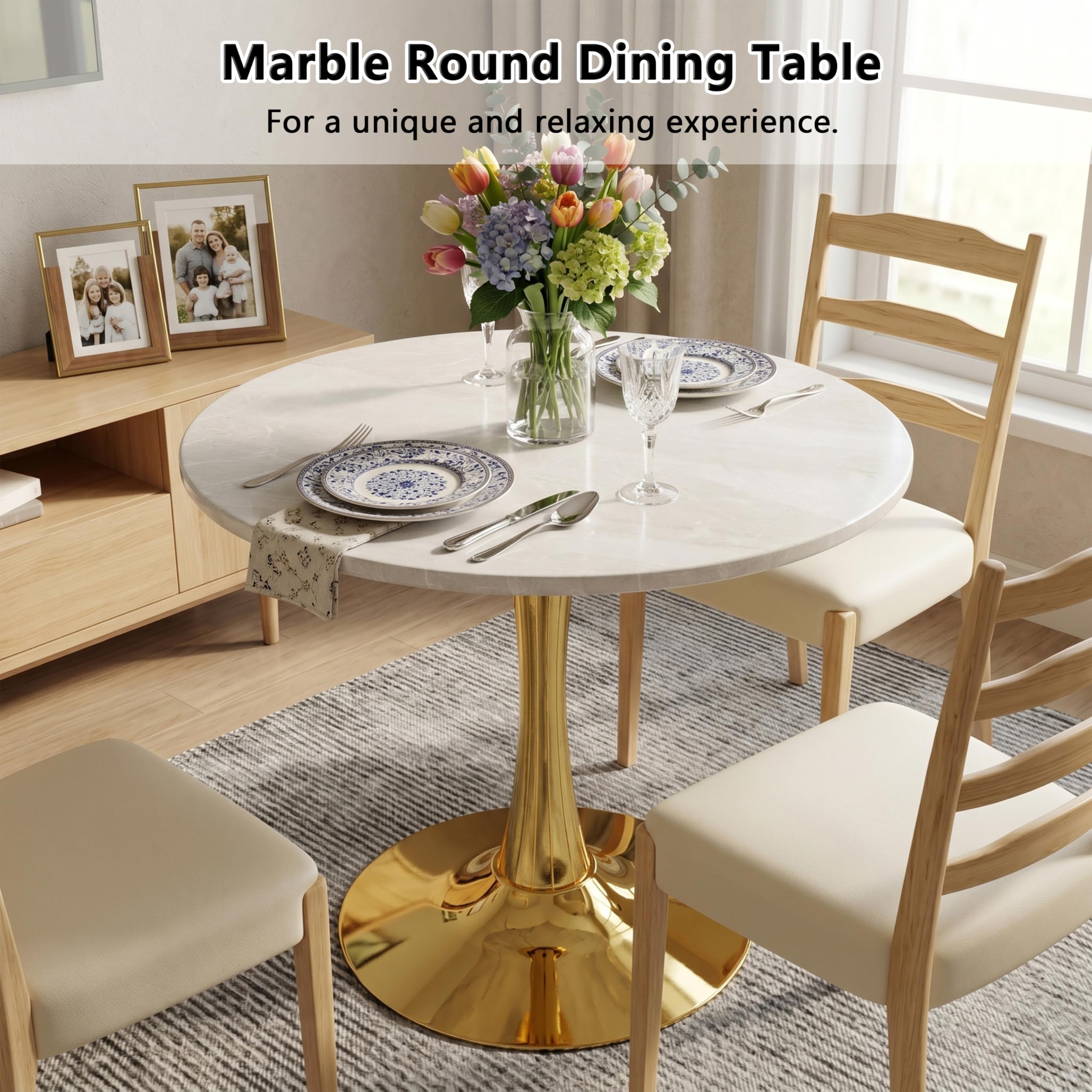 Sybrioka 27.6" Marble Round Tulip Table, Mid-Century Modern Style Dining Table with Gold Pedestal Base for 2-4 People, Featuring A Marble Tabletop for Kitchen, Dining Room, Cafe (Grayish White)