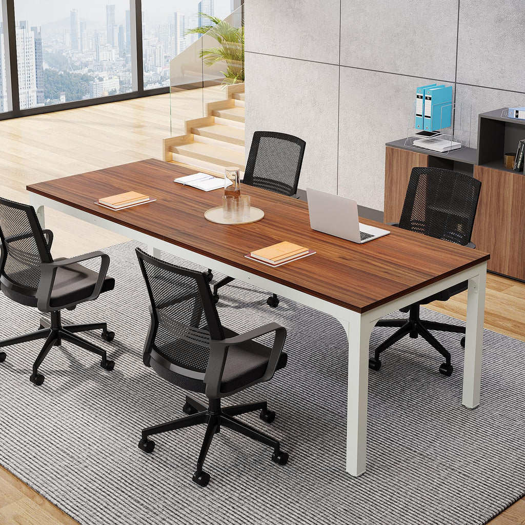 6.5 FT Conference Room Table, 78.74" W x 27.56" D Large Office Conference Table, Modern Seminar Meeting Table Desk for Boardroom, Meeting Room (4, Brown and White)