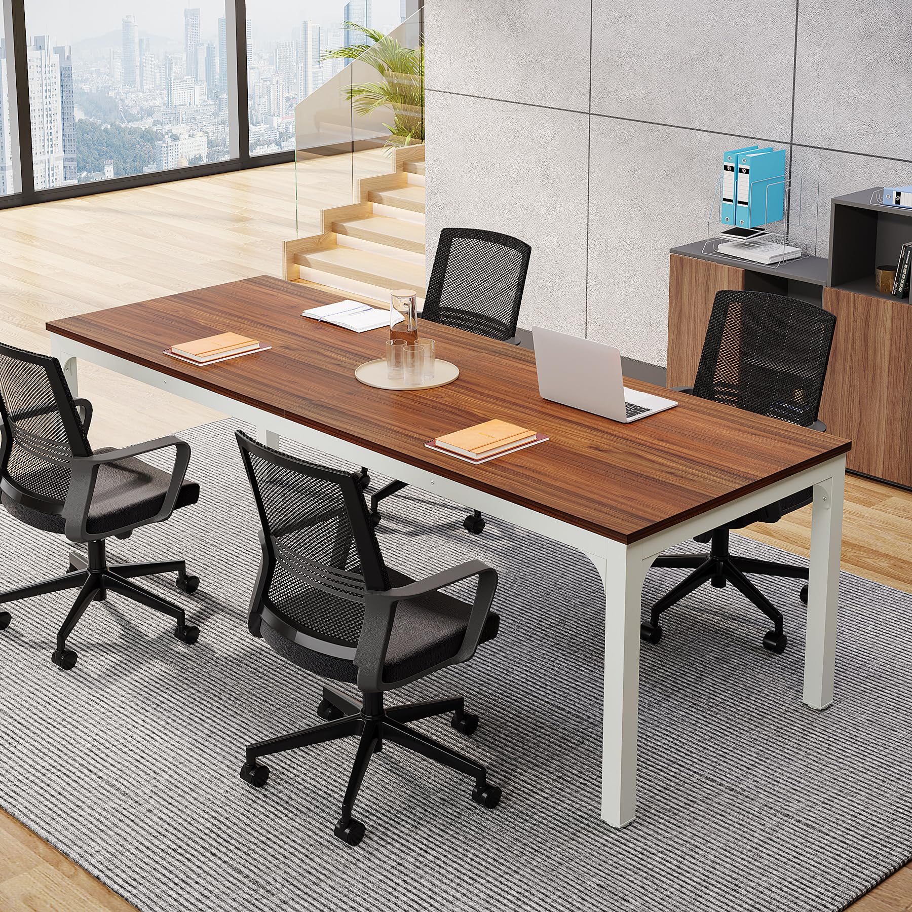 6.5 FT Conference Room Table, 78.74" W x 27.56" D Large Office Conference Table, Modern Seminar Meeting Table Desk for Boardroom, Meeting Room (4, Brown and White)