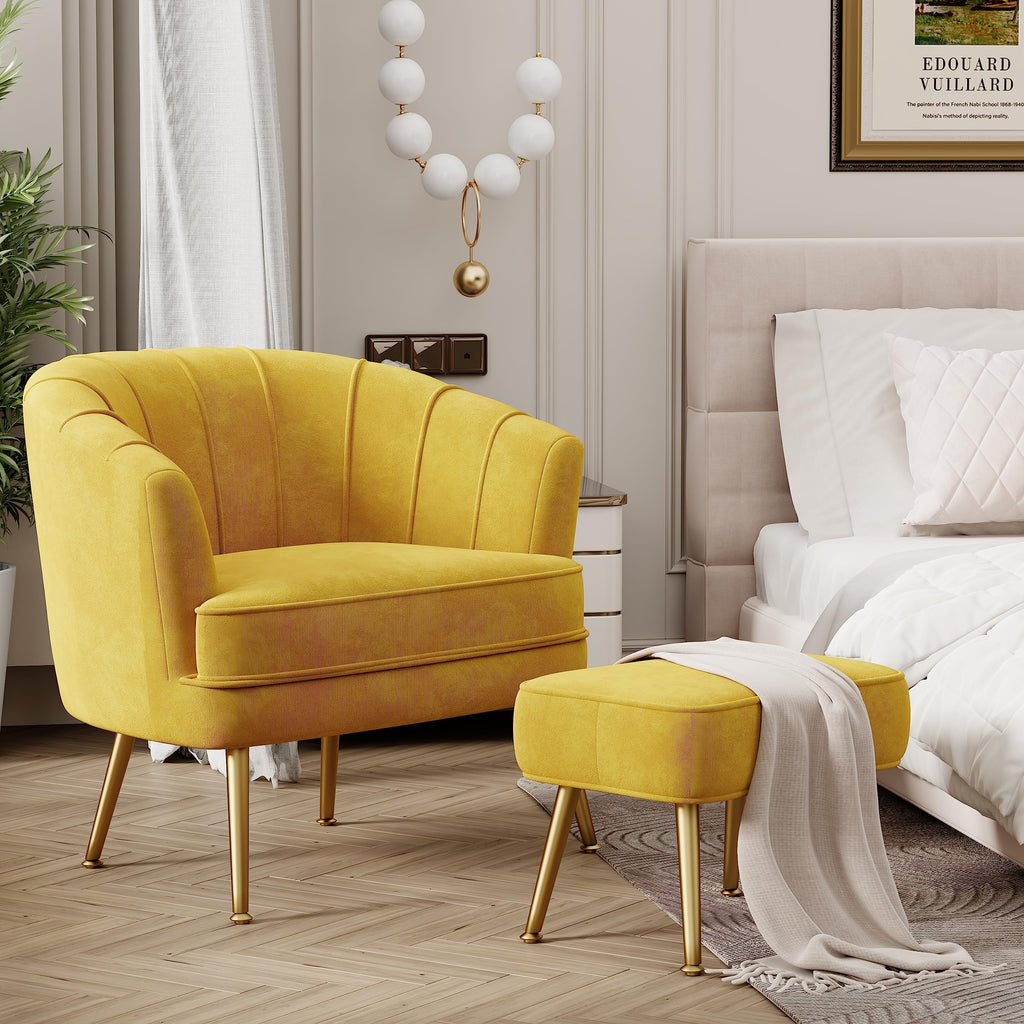 Velvet Accent Chair with Ottoman, Upholstered Modern Single Sofa Side Chair,Comfy Barrel Club Living Room Armchair with Golden Metal Legs for Office Bedroom Living Reading Room, Yellow