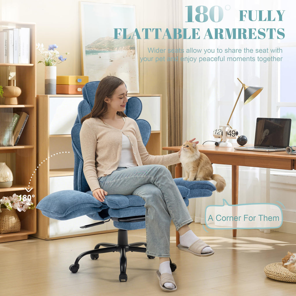 Flip Armrests Criss Cross Office Chair, Reclining Office Chair with Foot Rest, Adjustable Headrest, Massage Waist Pillow, Cross Legged Big and Tall Desk Chair Wide Seat Vanity Chair, Fabric Blue