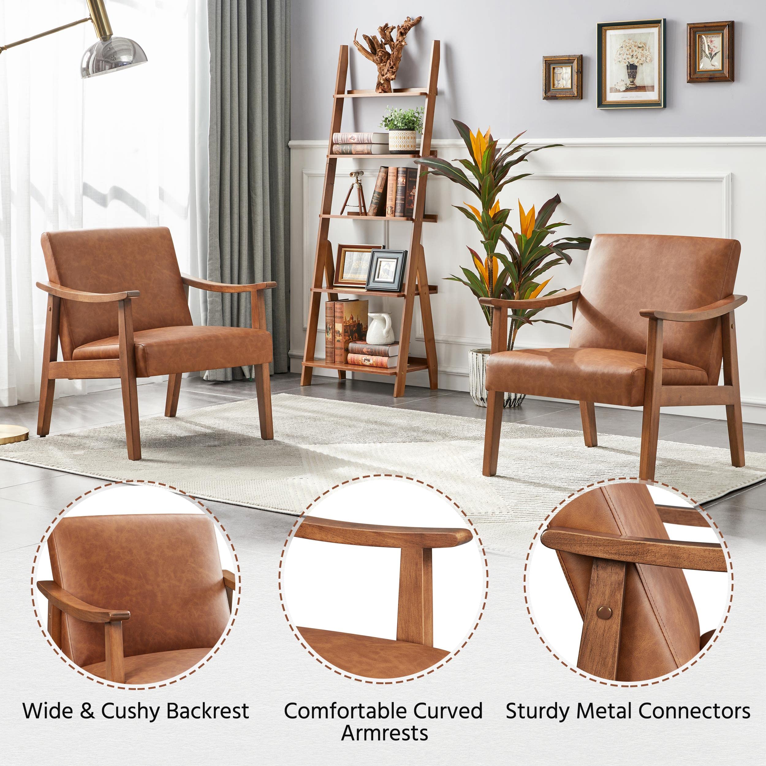 PU Leather Accent Chair, Mid-Century Modern Armchair with Solid Wood Legs, Reading Leisure Chair with High Back for Living Room Bedroom Waiting Room, Light Brown