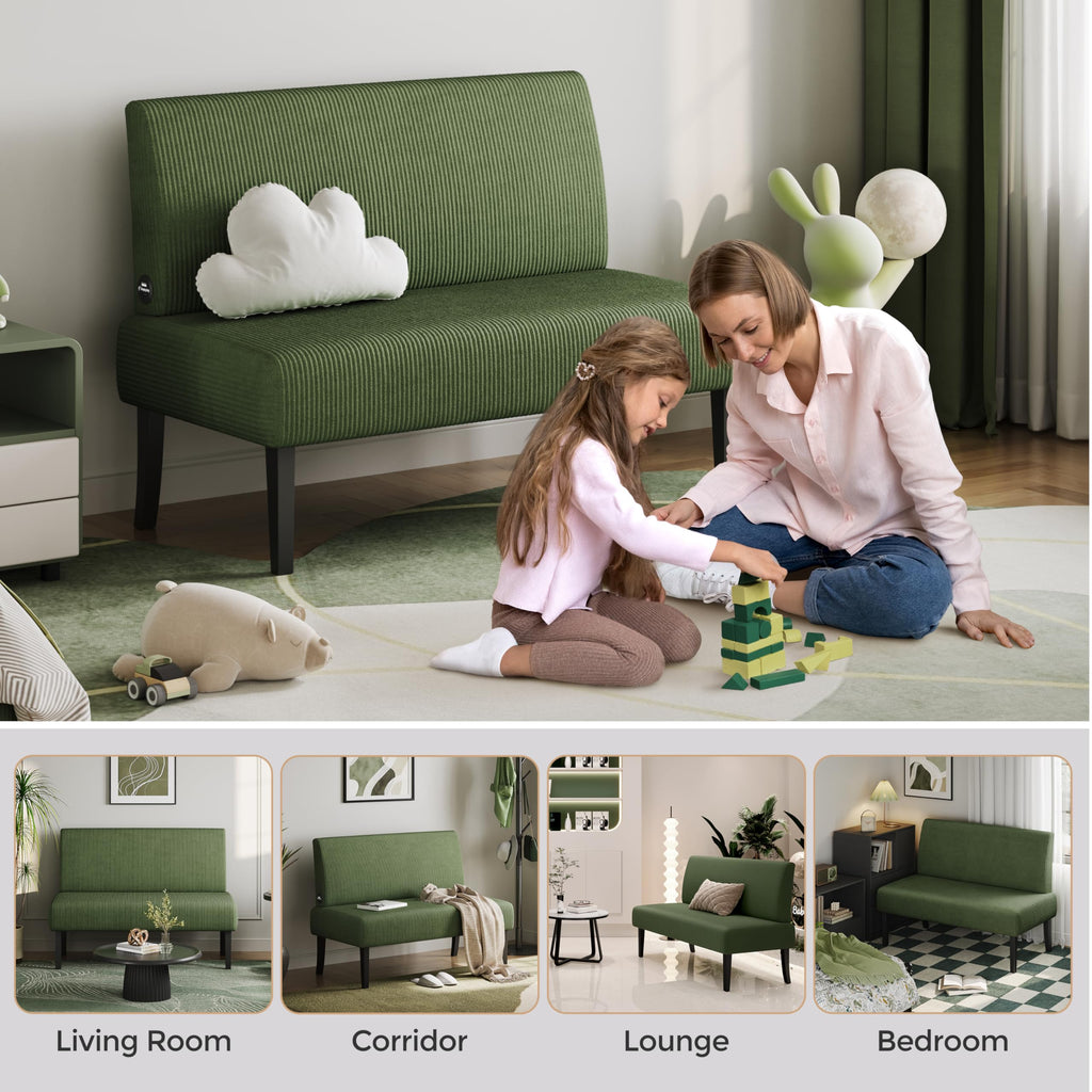 Small Mini Sofa Couch Armless Loveseat, Corduroy Fabric & Easy Assembly, for Small Spaces Office,Living Room,Dorm,Apartment, Green