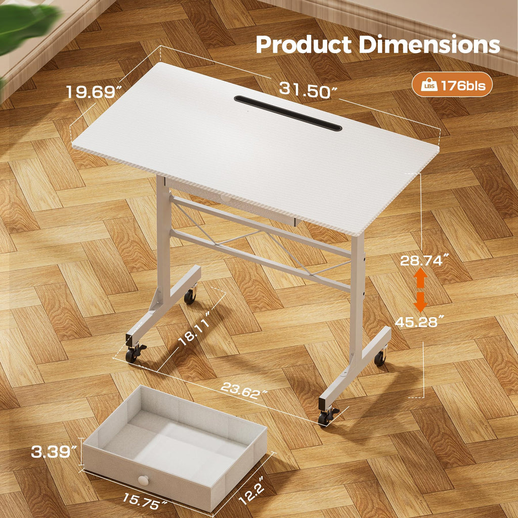 Portable Standing Desk Adjustable Height 30.7"-46.4", Standing Desk with Drawers, Mobile Rolling Computer Desk for Home Office Work and Walking Pad Treadmill, Carbon Fiber White