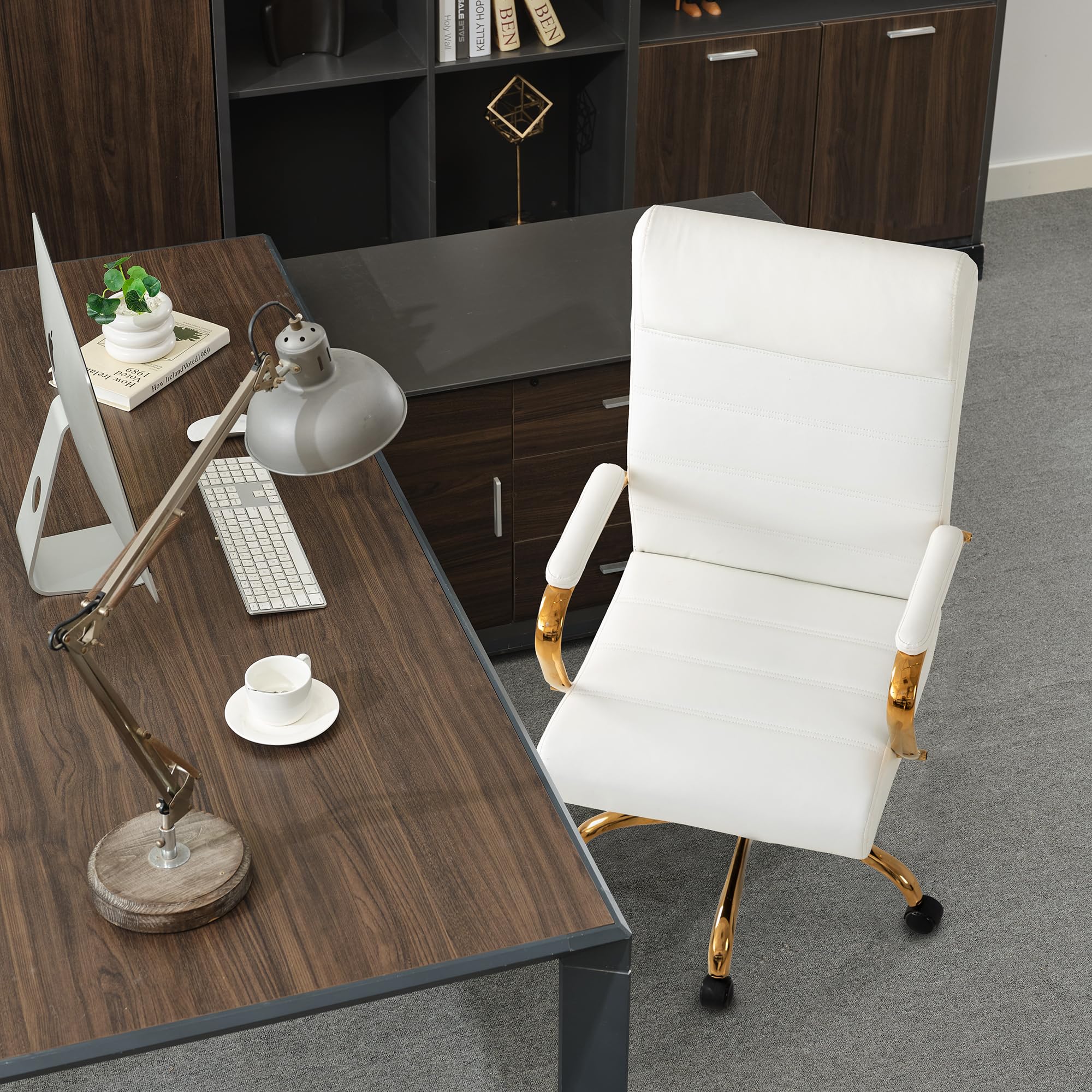 White and Gold Office Desk Chair, Modern Leather Conference Room Chairs, High Back Ergonomic Home ofiice Chair, Adjustable Height Swivel Executive Computer Chair with Padded Seat and Armrest
