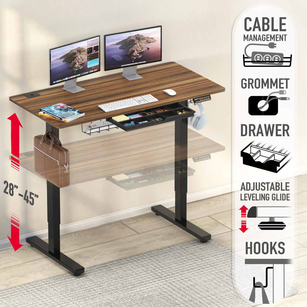 48-Inch Electric Height Adjustable Standing Desk with Drawer, Memory Preset and Cable Management Tray, Walnut
