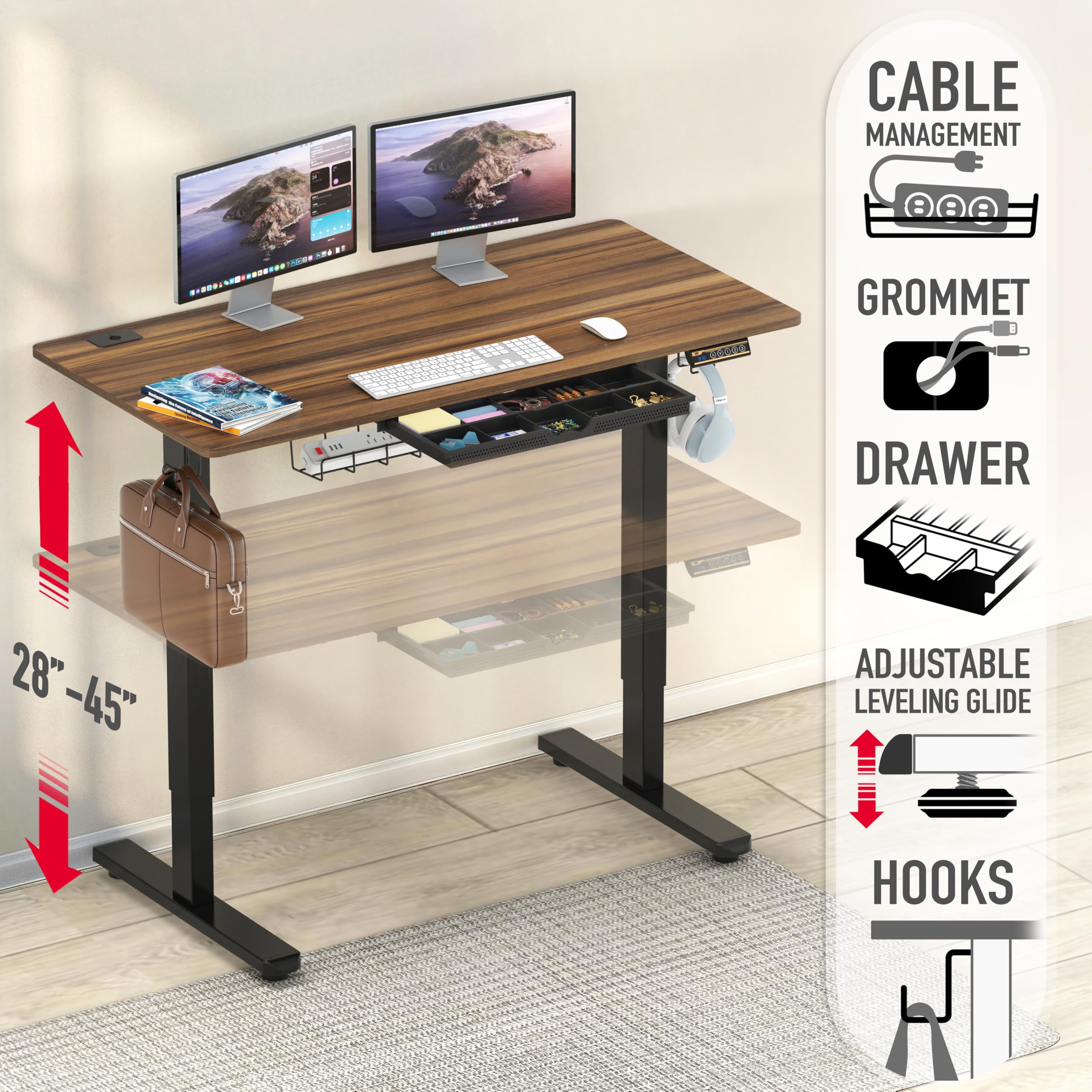 48-Inch Electric Height Adjustable Standing Desk with Drawer, Memory Preset and Cable Management Tray, Walnut