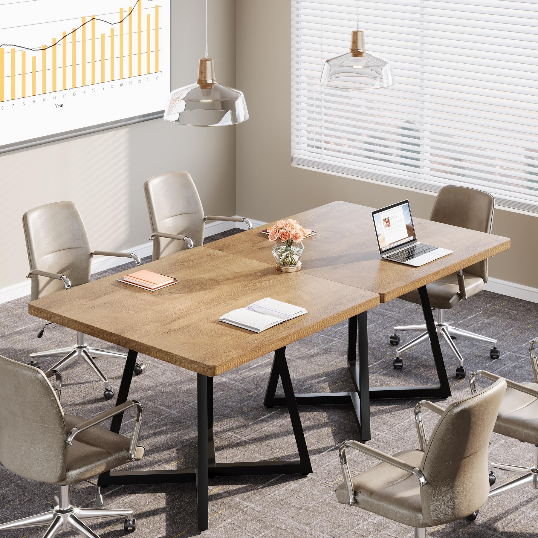 31.5" Square Conference Table Set of 2, 63" Industrial Office Meeting Table for 4-6 People, Business Podcast Furniture with Metal Base for Small Spaces, Office Conference, Natural