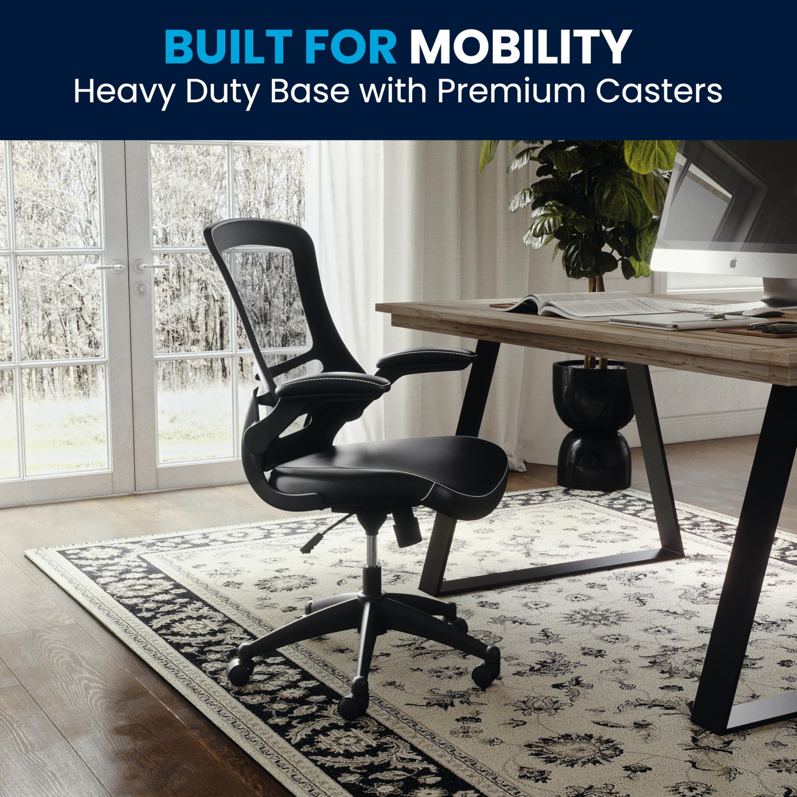 Mid-Back Swivel Office Chair with Adjustable Seat Height, Ergonomic Mesh Desk Chair with LeatherSoft Seat, Black