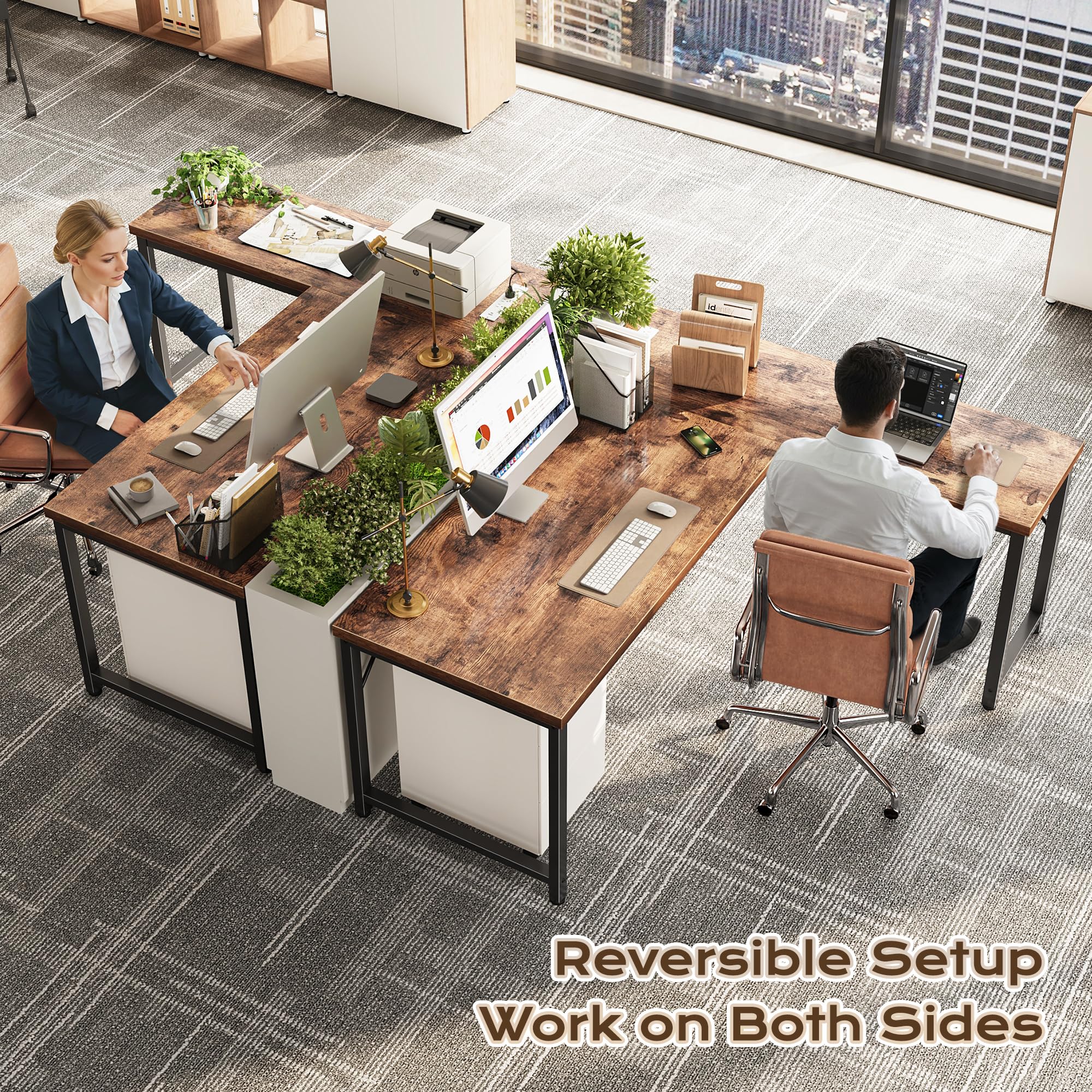 55 Inch L Shaped Desk with Power Outlets and USB-C Port, 0.95 Inch Thicker Desktop, Reversible Computer Desk, Larger Office Corner Gaming Desk, Metal Frame, for Home Office, Study, Rustic Brown