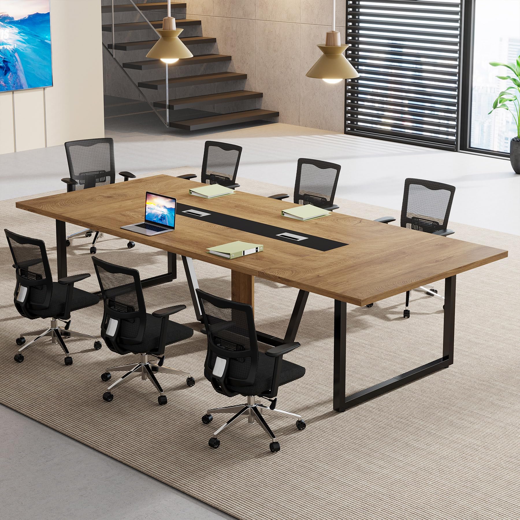 8FT Conference Table, 94.49 L x 47.24 W x 29.53 H Inches Large Meeting Podcast Table for 10 People, Business Style Wooden Training Table with Strong Metal Frame for Office Conference