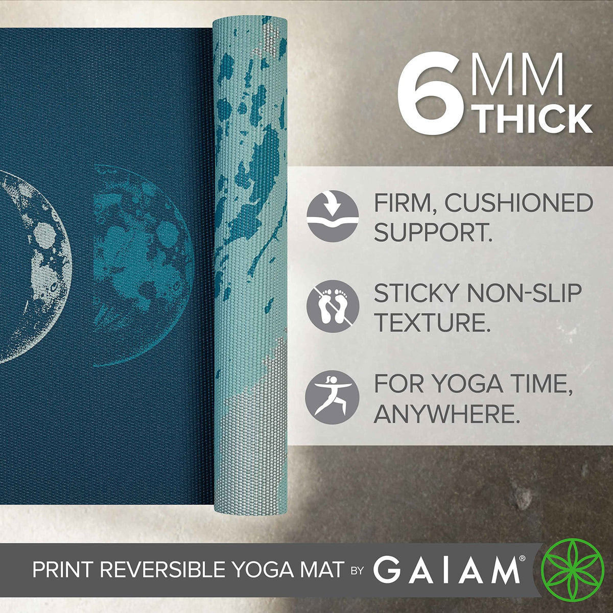 Reversible Yoga Mat, 6mm Thick Print Mat (Lunar Wave)