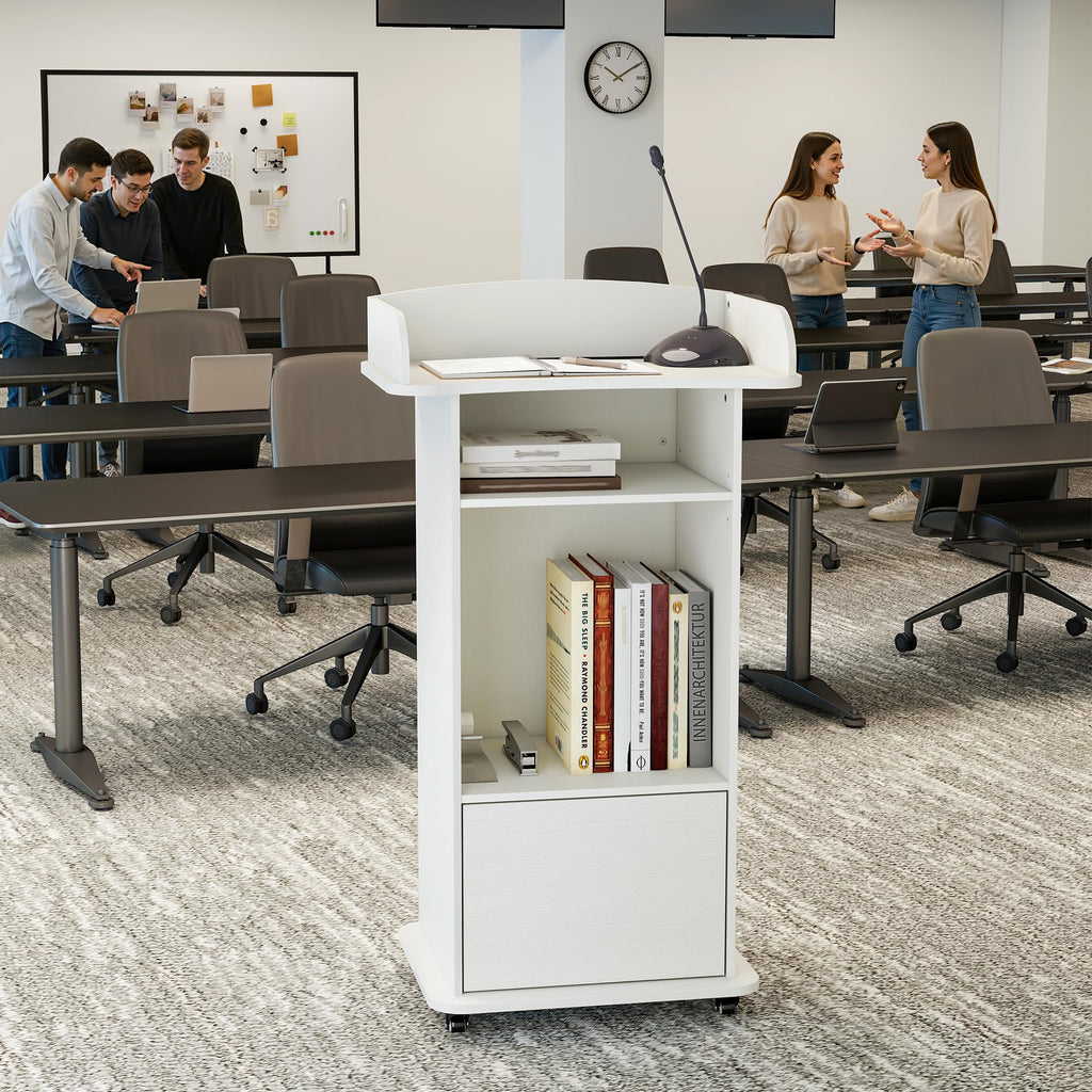 Podium Stand with Wheels (White（Metal Wheel）)