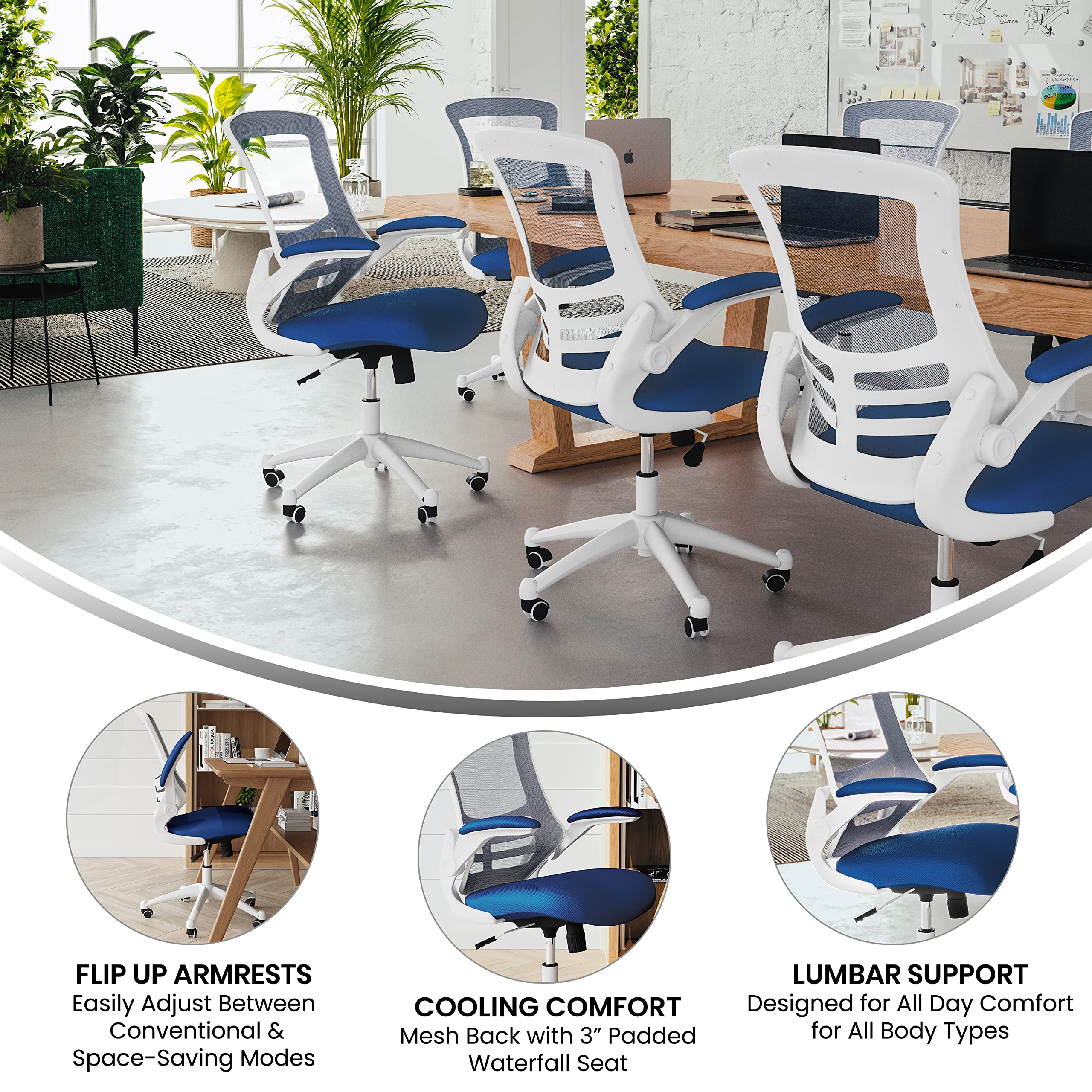 Office Chair, Ergonomic, Mid-Back, White Frame, Blue Mesh with Swivel