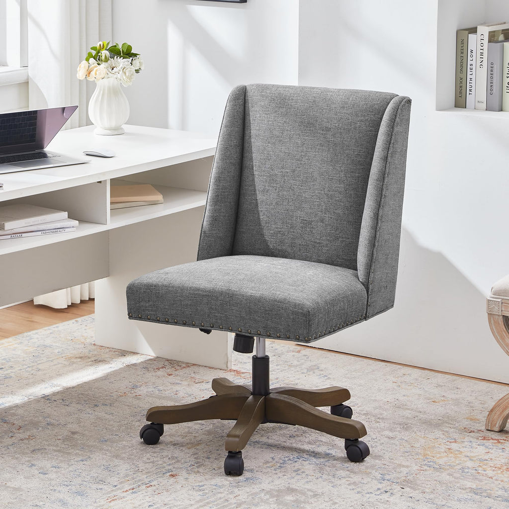 Upholstered Armless Home Office Chair with Wooden Legs, Modern Office Desk Chair No Arms Sewing Chair Adjustable Swivel Desk Chair for Farmhouse Office Study Studio (Dark Gray)