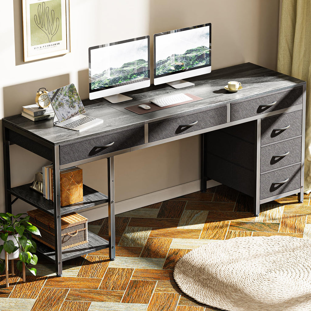 Computer Desk with 6 Drawers, Office Desk with Shelves, Reversible Gaming Desk, Corner Desk with Storage, Work for Home Office, Study, Living Room, 63inch, Grey