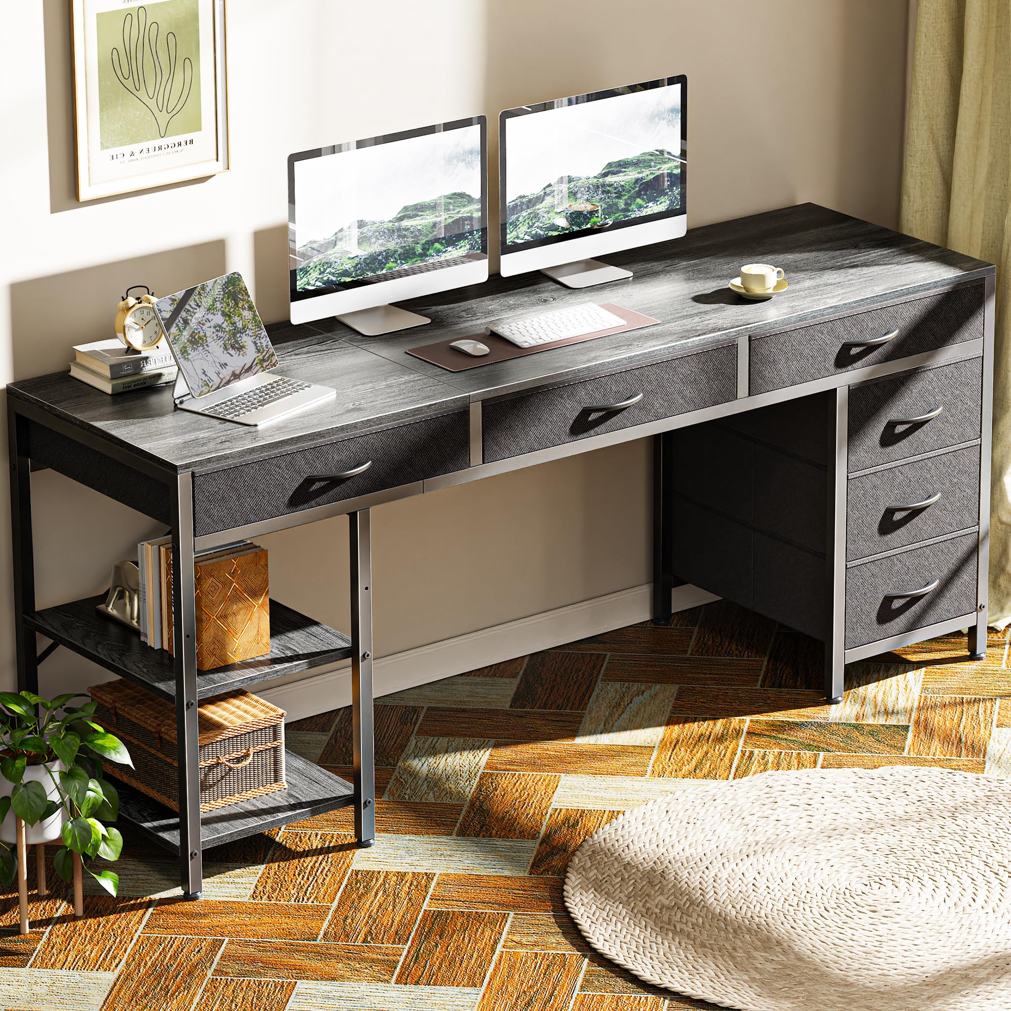 Computer Desk with 6 Drawers, Office Desk with Shelves, Reversible Gaming Desk, Corner Desk with Storage, Work for Home Office, Study, Living Room, 63inch, Grey