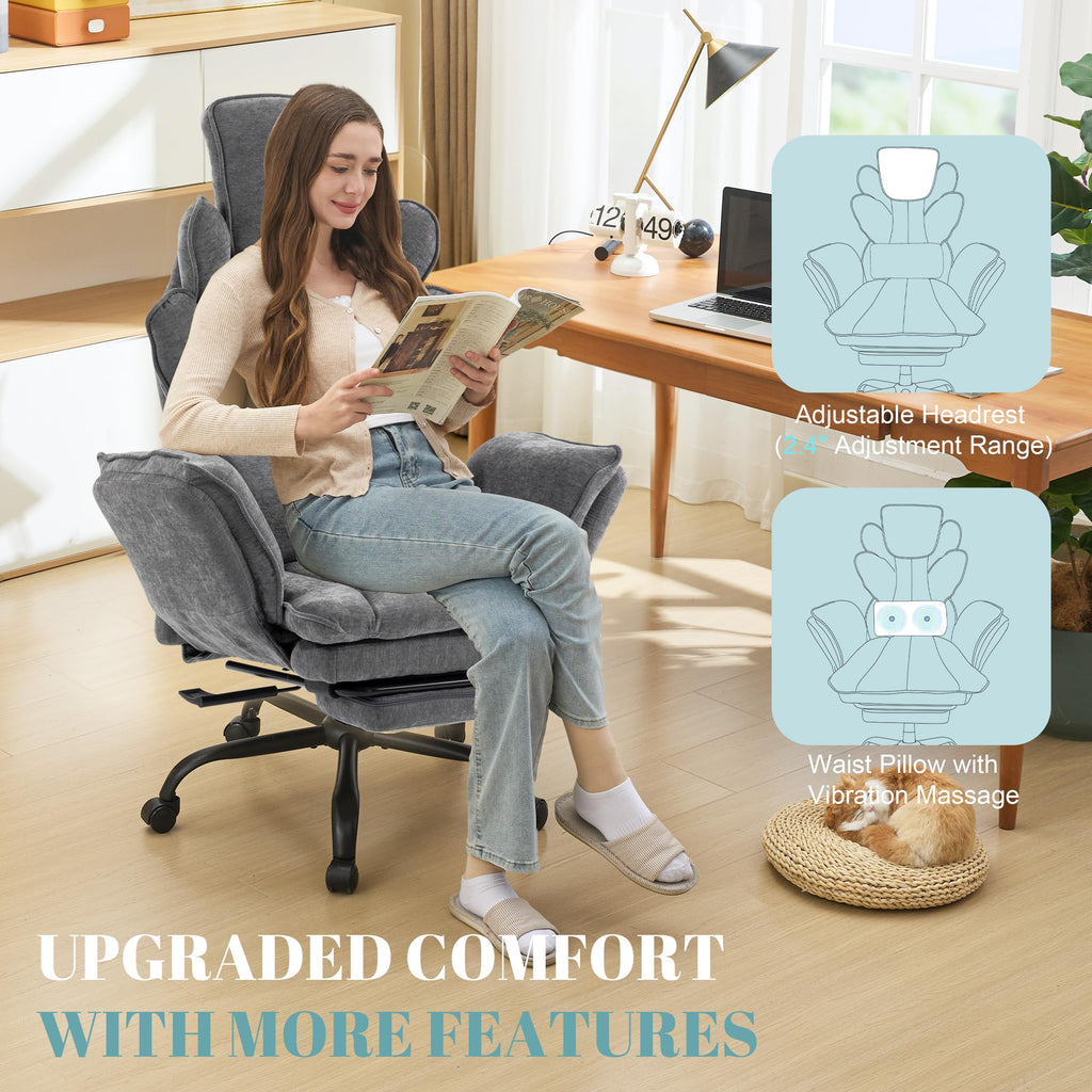Flip Armrests Criss Cross Office Chair, Reclining Office Chair with Foot Rest, Adjustable Headrest, Massage Waist Pillow, Cross Legged Big and Tall Desk Chair Wide Seat Vanity Chair, Fabric Grey