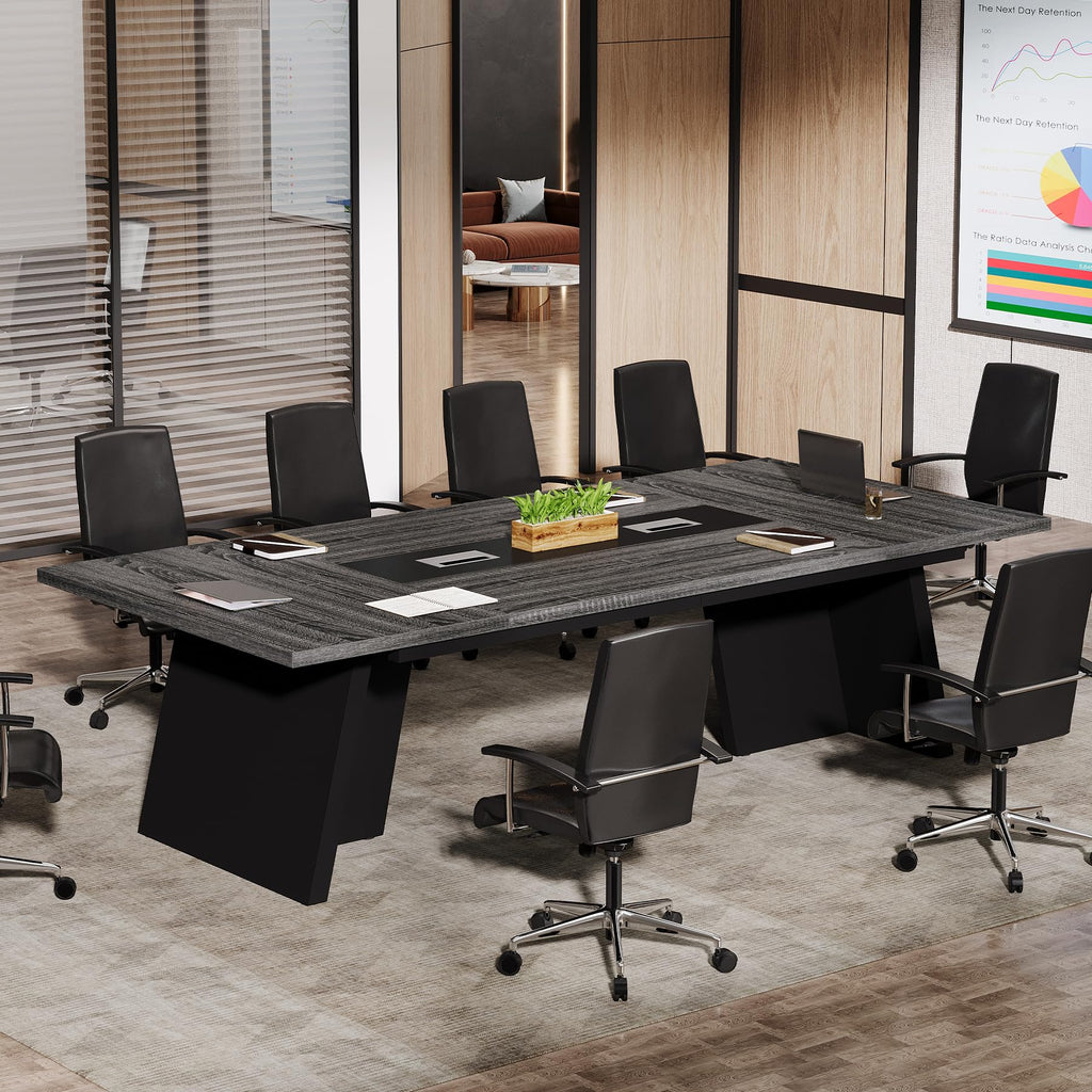 8ft Conference Table, Large Meeting Table for 8-10 People, Business Seminar Furniture for Office Conference Room (1, Grey + Black)