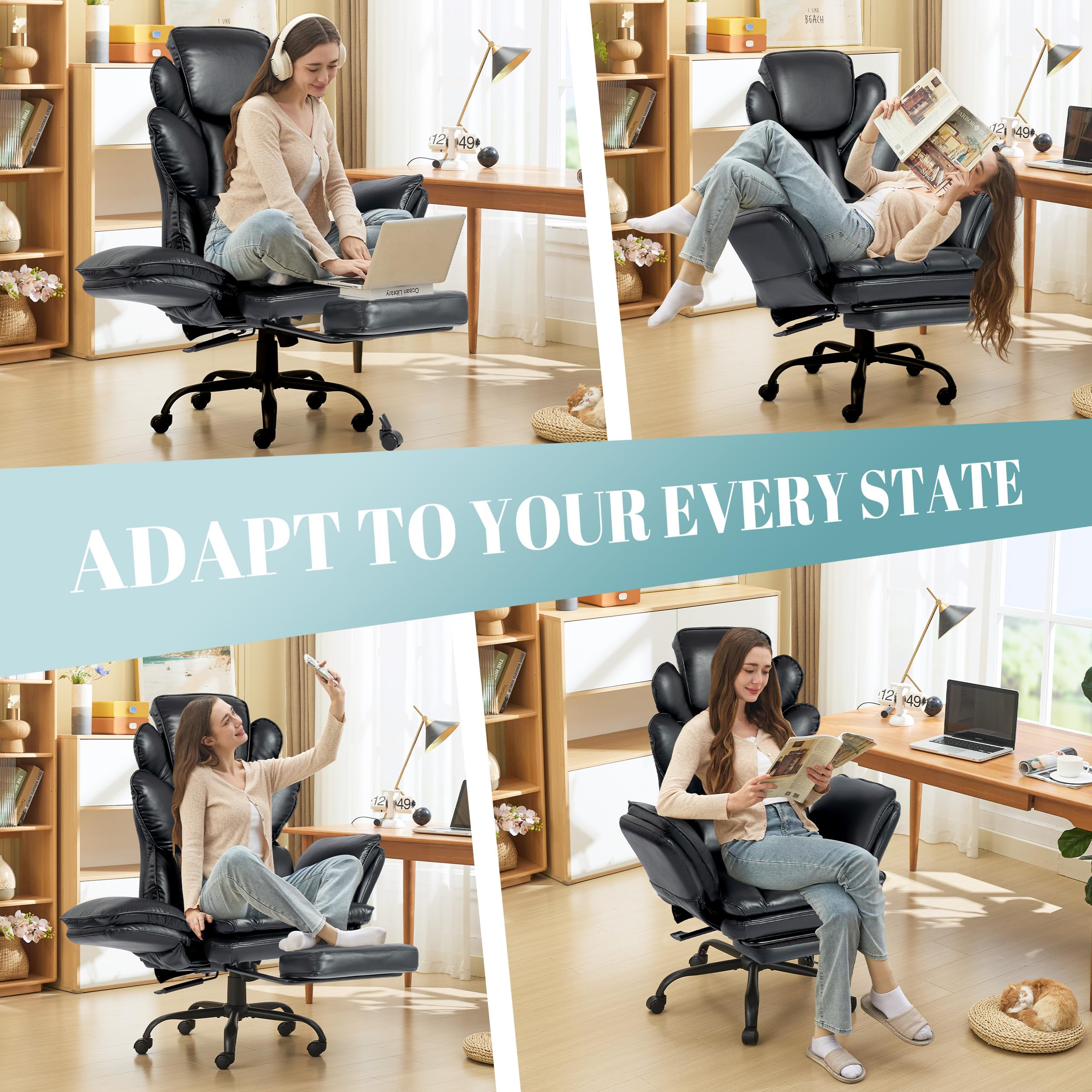 Flip Armrests Criss Cross Office Chair, Reclining Office Chair with Foot Rest, Adjustable Headrest, Massage Waist Pillow, Cross Legged Big and Tall Desk Chair Wide Seat Vanity Chair, PU Leather Black